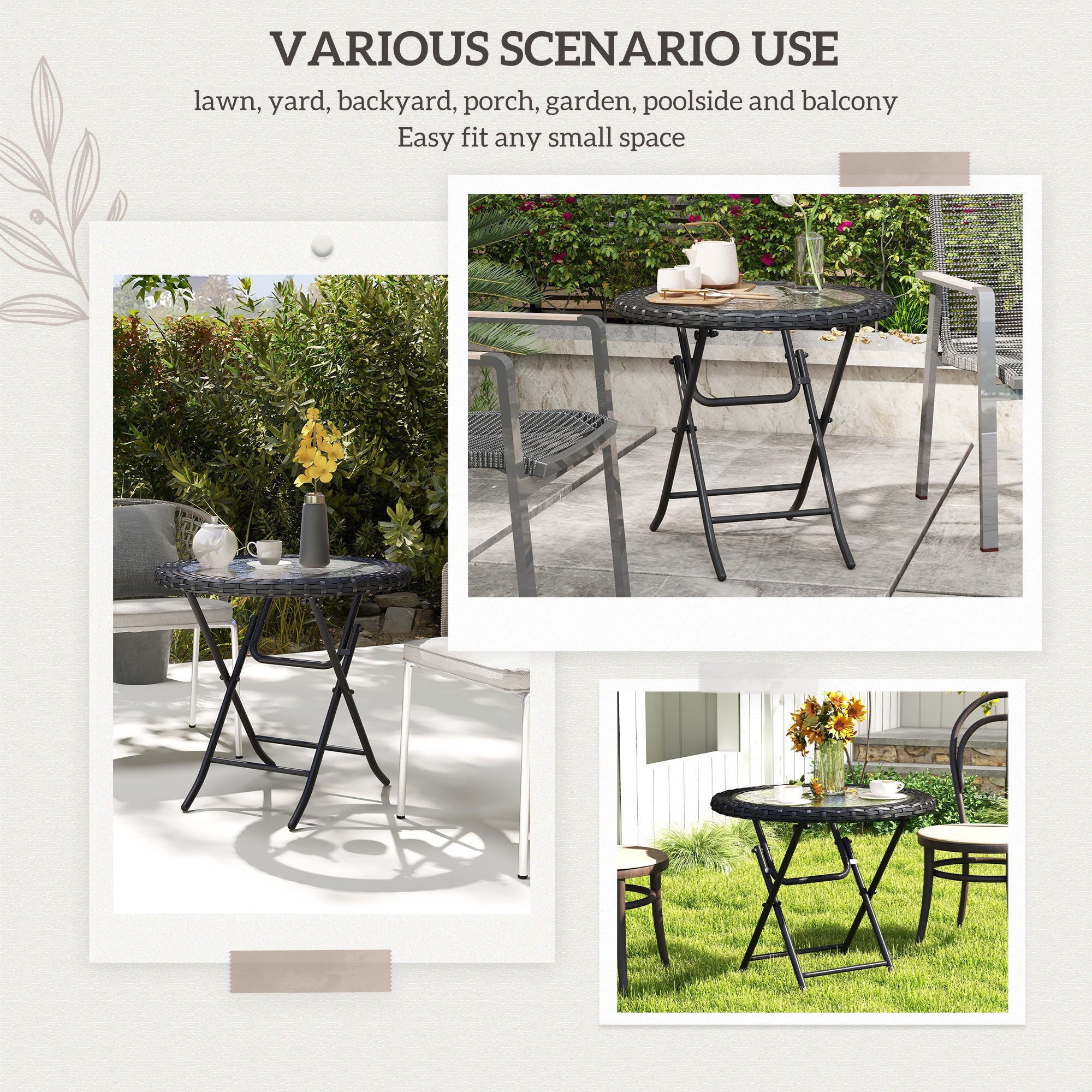 Outsunny Folding Round Table Tempered Glass Metal with Rattan Edging Black