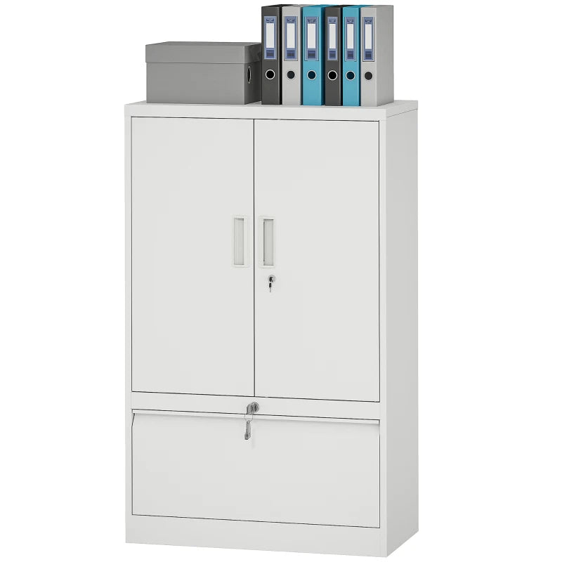 Lateral Filing Cabinet, Metal Storage Cabinet, Garage Cabinet with Double Locks, Adjustable Shelf and File Drawer, White