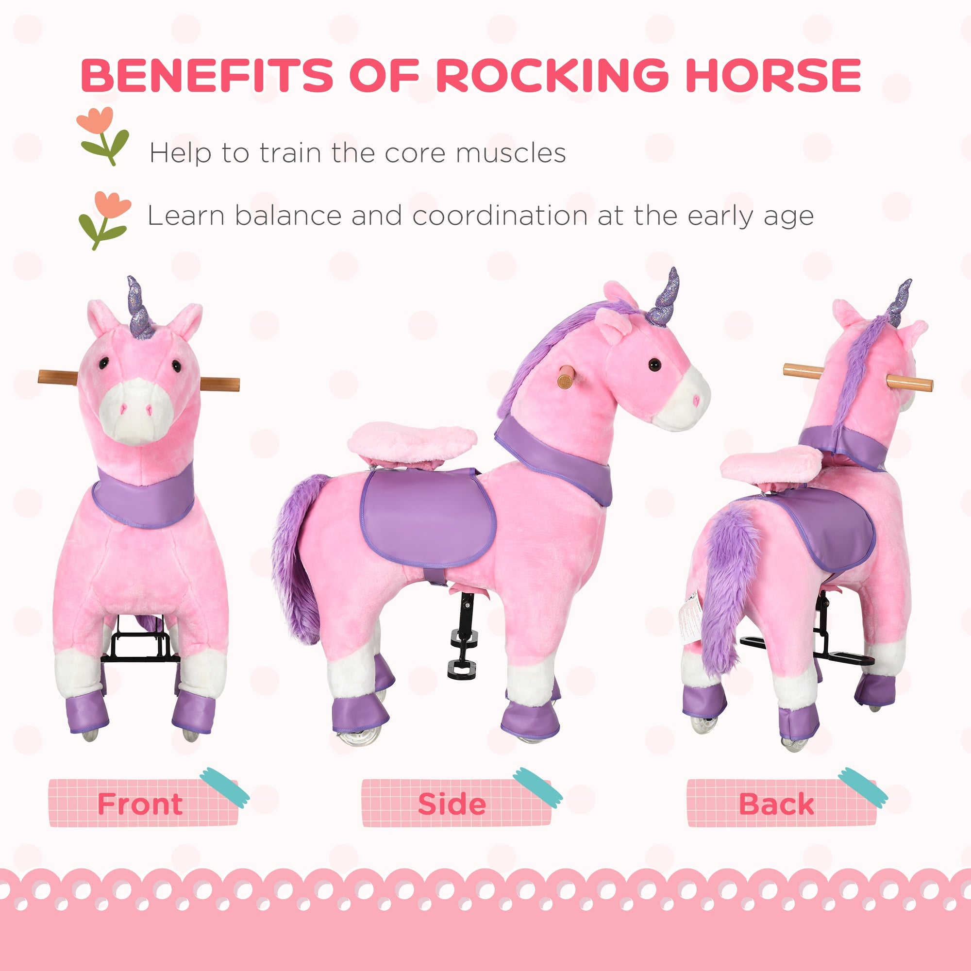 Qaba Pink Unicorn Walking Horse - Mechanical Ride On Pony Toy with Wheels, Ideal Gift for 3-6 Years, Girls & Boys