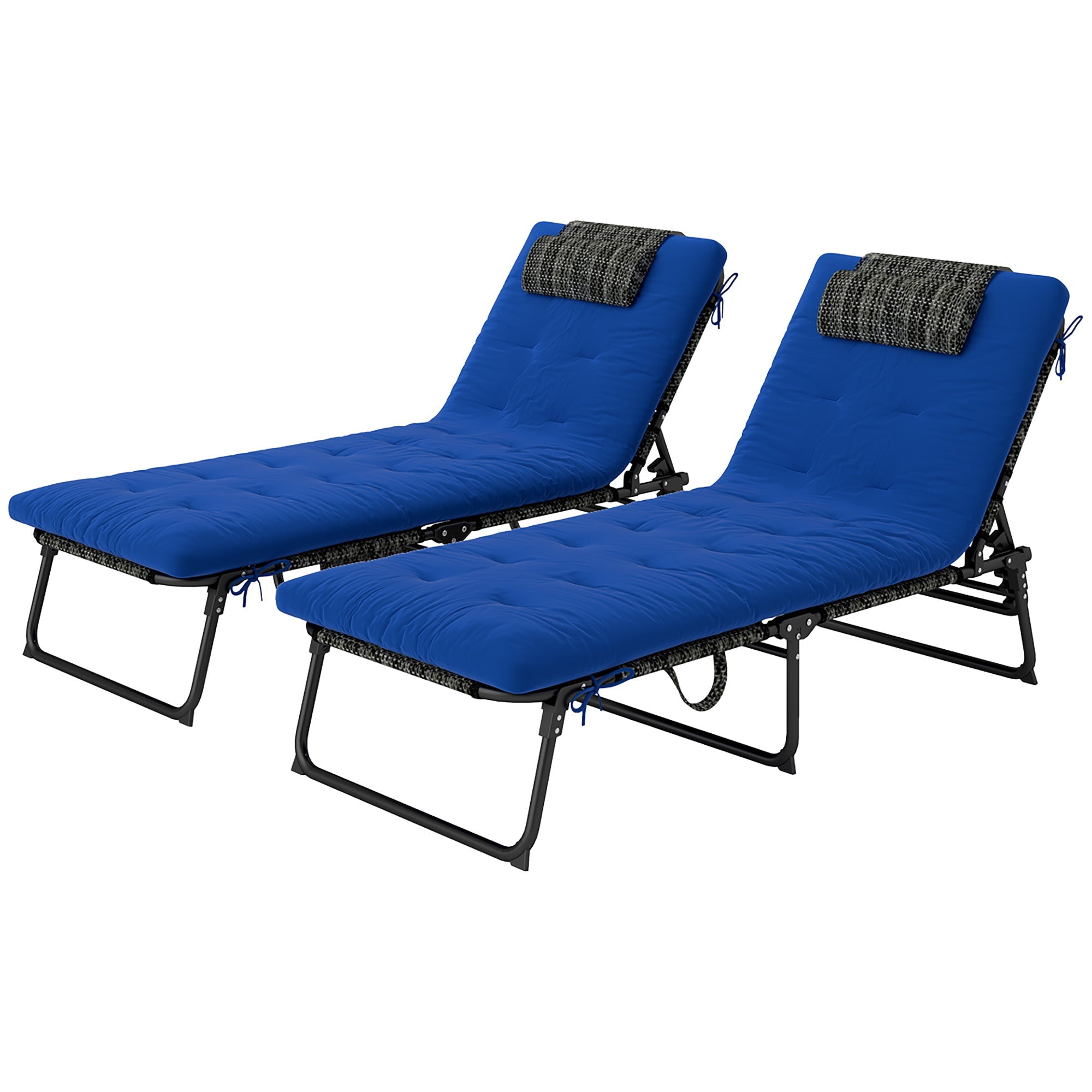 Outsunny 2 Pieces Folding Lounge Chairs with 4-level Reclining Back, Tanning Chair with Cushion, Sun Lounger with Breathable Mesh Fabric, Side Pocket, Headrest, Blue