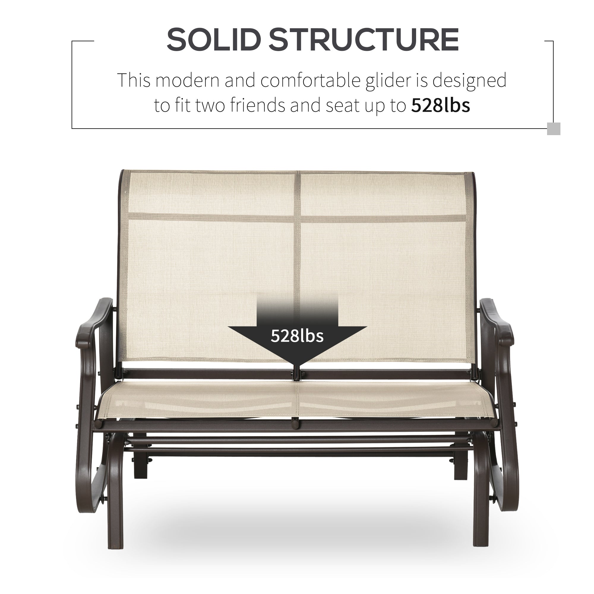 Outsunny Garden Double Gliding Chair, Patio Glider Armchair for Outdoor, Backyard Mesh Seat and Backrest, Steel Frame, Khaki