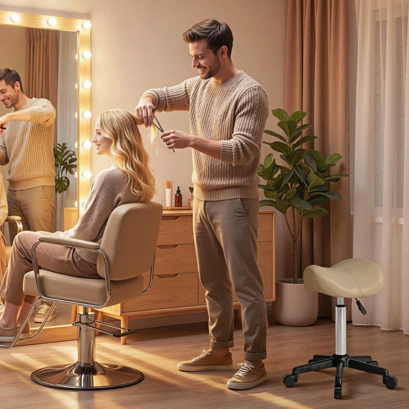 Rolling Salon Stool, PU Leather Swivel Saddle Chair, Adjustable Height Stool with Wheels for Spa, Salon, Office, Brown