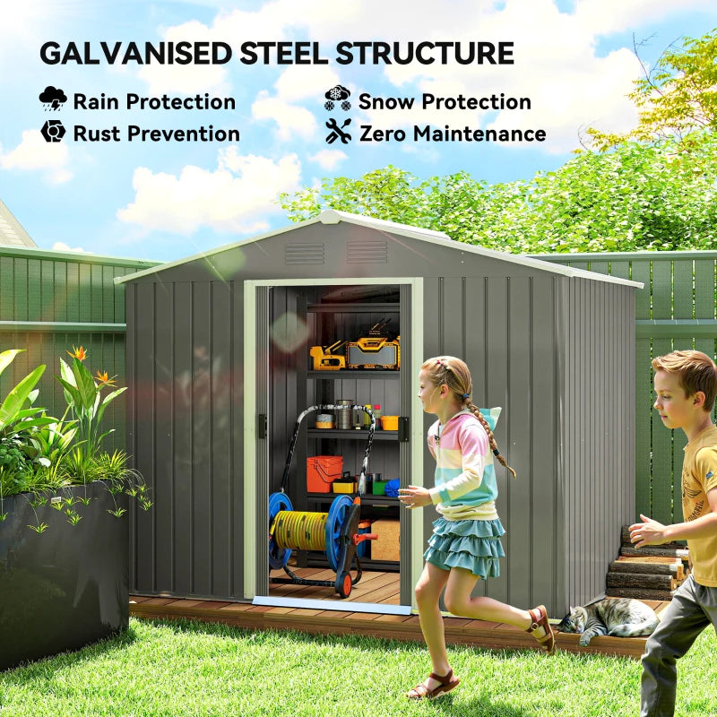 8' x 6' Outdoor Storage Shed, Metal Garden Tool Storage House with Lockable Sliding Doors and Vents for Backyard Patio Lawn, Light Grey