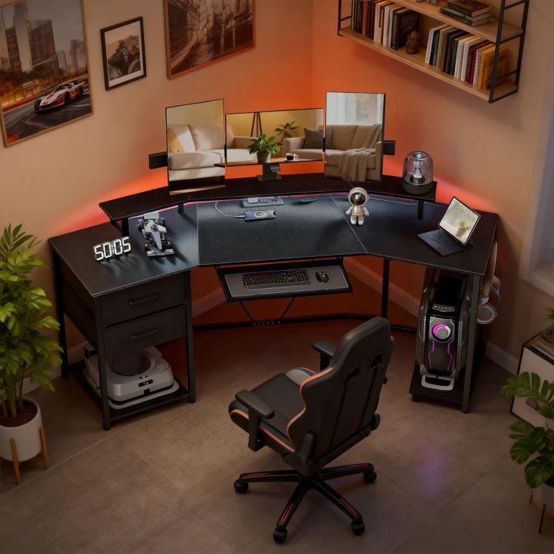 79 inch Gaming Desk with RGB Lights, Computer Table with Power Outlets & USB Ports, Keyboard Tray and 2 Drawers, Black