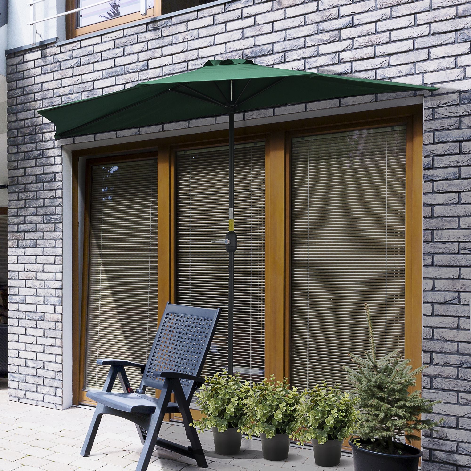 Outsunny Balcony Umbrella: 9ft Half Round Patio Garden Parasol Sun Shade Dark Green