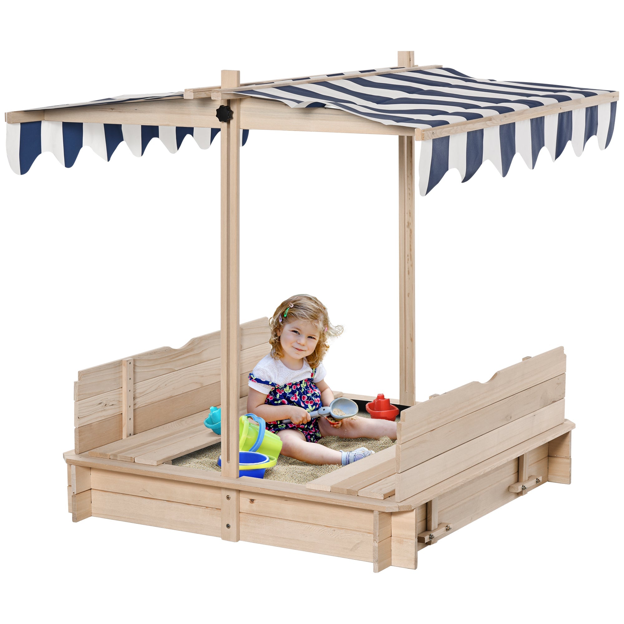 Outsunny Wooden Sandbox for Kids with Adjustable Canopy and Convertible Bench, Outdoor Playset - Sand