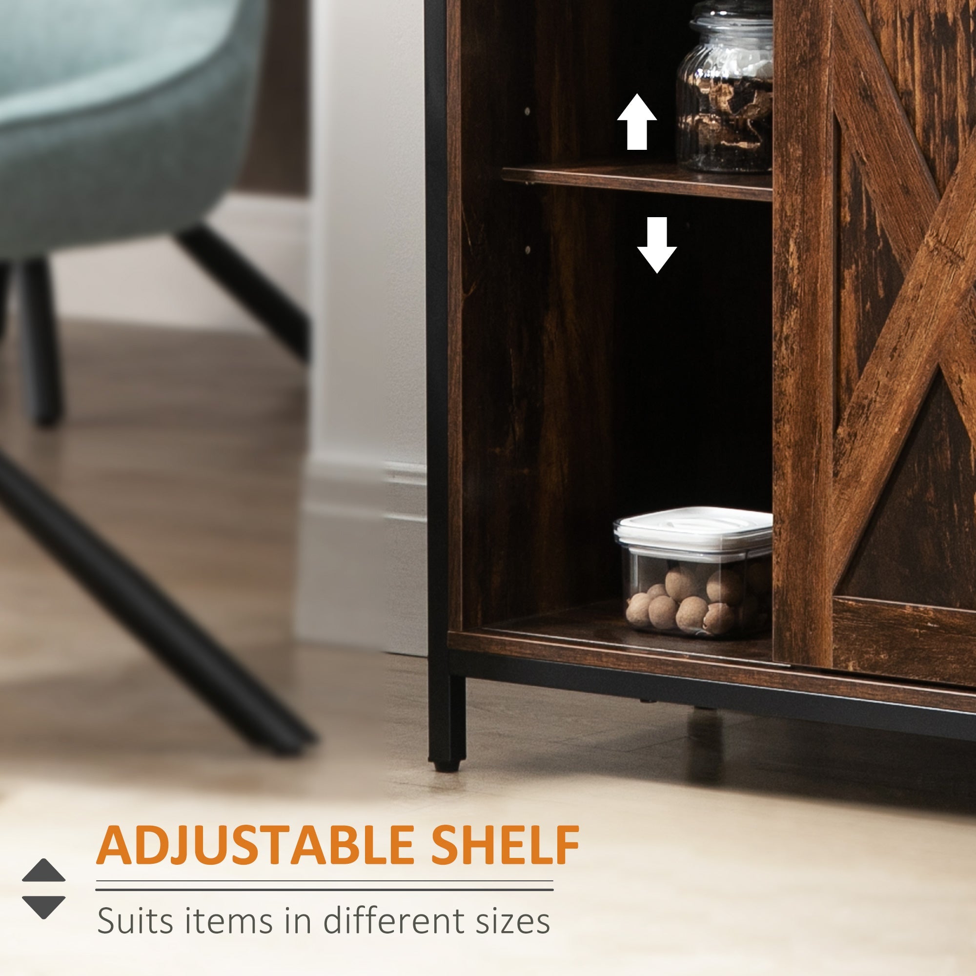 HOMCOM Industrial Chic: Sideboard Buffet Cabinet with Sliding Barn Doors, Adjustable Shelves, Brown Finish for Living Room