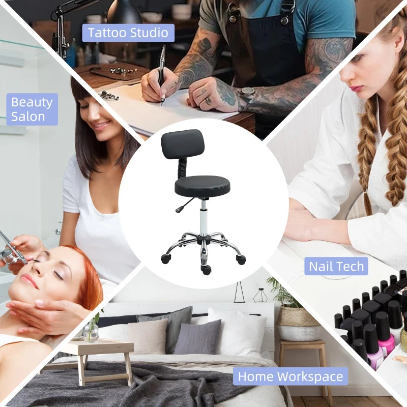Adjustable Rolling Stool with Removable Backrest, Faux Leather Swivel Stool Chair for Salon Spa, Bar, Massage, Black