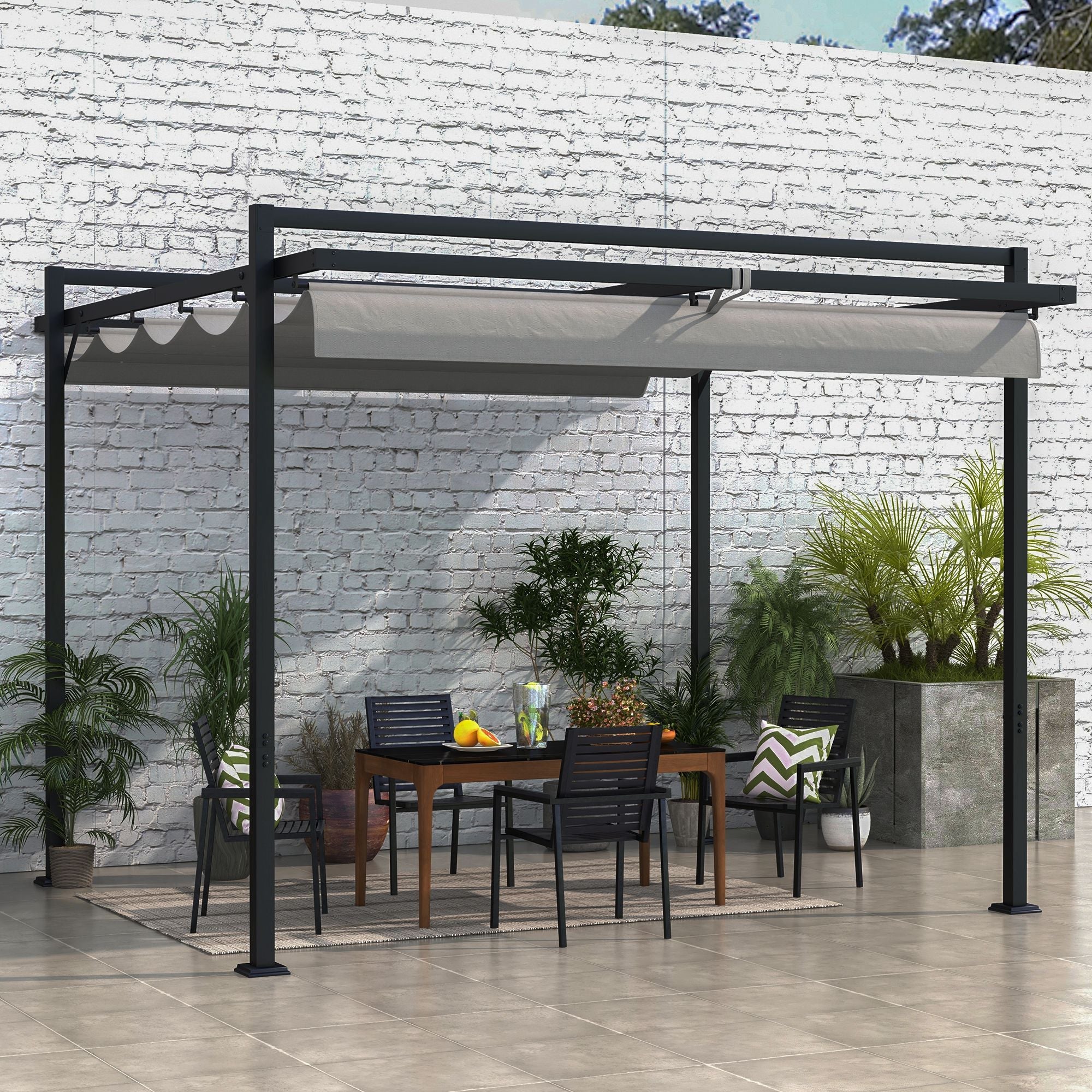 Outsunny Garden Gazebo 10'x10' Retractable Pergola Shade for Patio Deck Grill Dark Grey