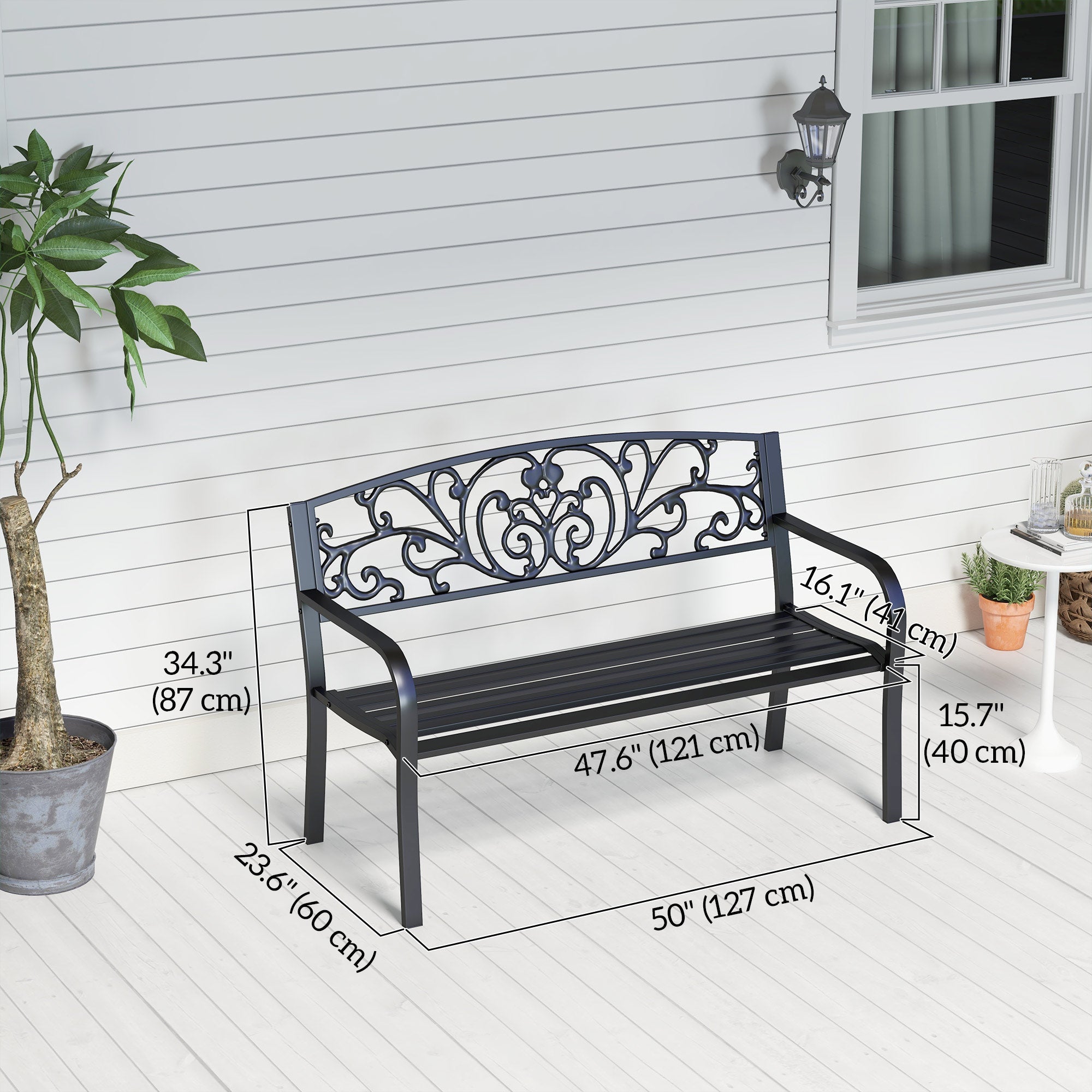 Outsunny Garden Bench 50" 2-Seater Outdoor Blossoming Pattern Loveseat Elegant Black