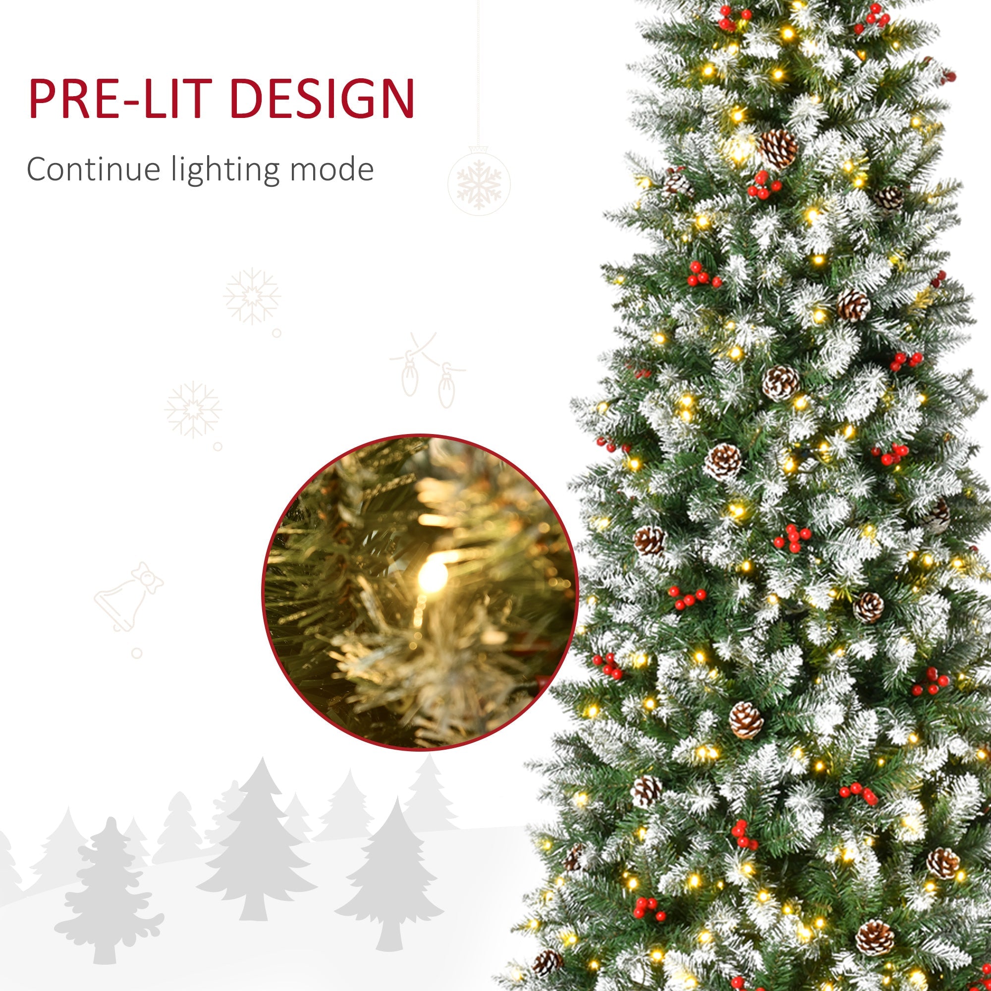 HOMCOM 7.5 ft Snow-Dipped Pencil Christmas Tree Pre-Lit Holiday Decoration with LED Lights Pine Cones Red Berries Green