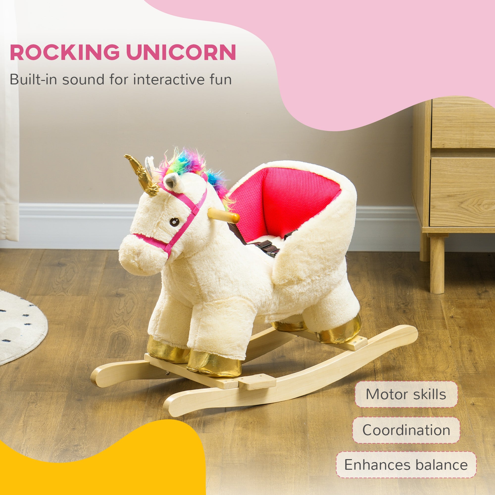 Qaba Rocking Horse Unicorn with Sound, Safety Belt, Wooden Base, for 18-36 Months