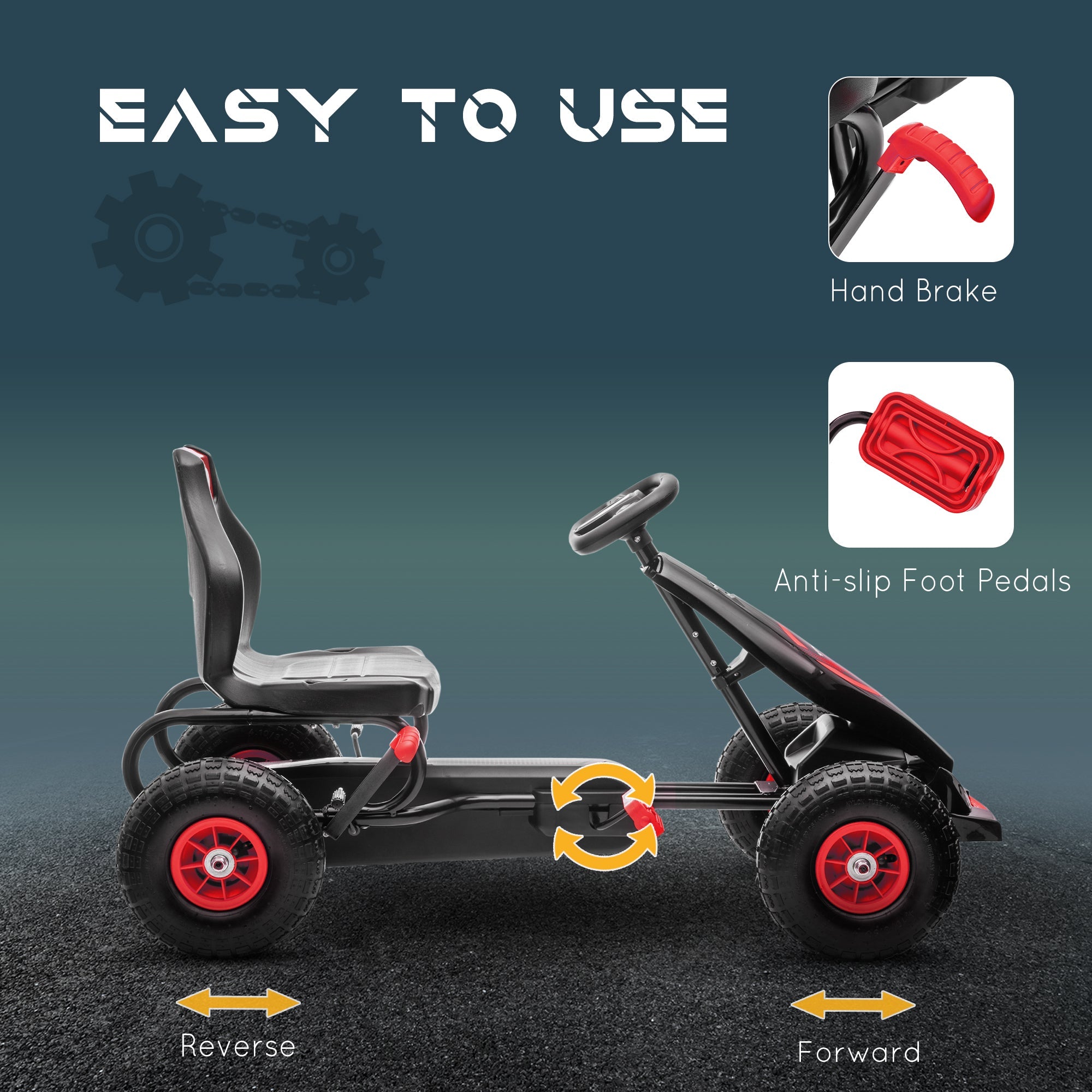 Aosom Kids Pedal Go Kart Ergonomic Adjustable Seat Rubber Wheels Shock Absorb Safety Hand Brake Ages 5-12 Red