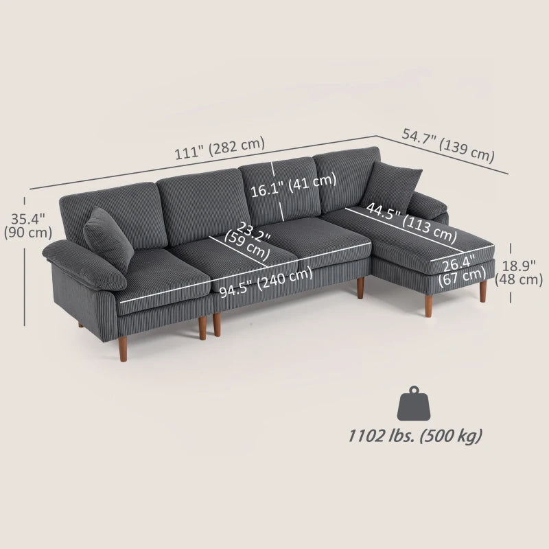 L-Shape Sofa with Changeable Chaise Lounge, 2 Pillows and Wooden Legs, Modern Sectional Couch for Living Room, Dark Grey