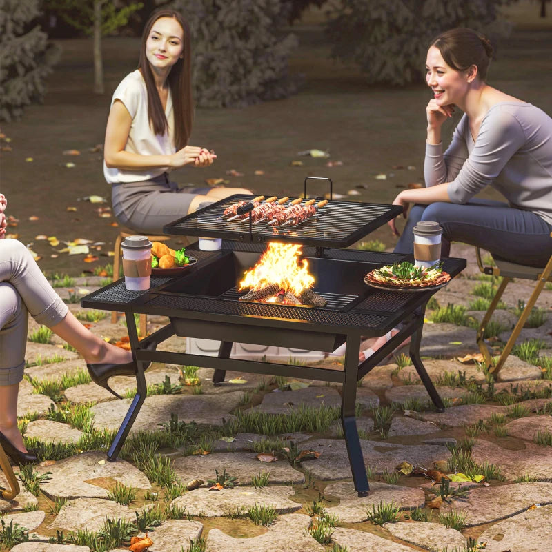 Square Outdoor Fire Pit Firepit with Adjustable Grill Grate, Wood Fire Pit with Adjustable Foot Pads, Outer Ledge, Poker for Backyard Bonfire Picnic, Black