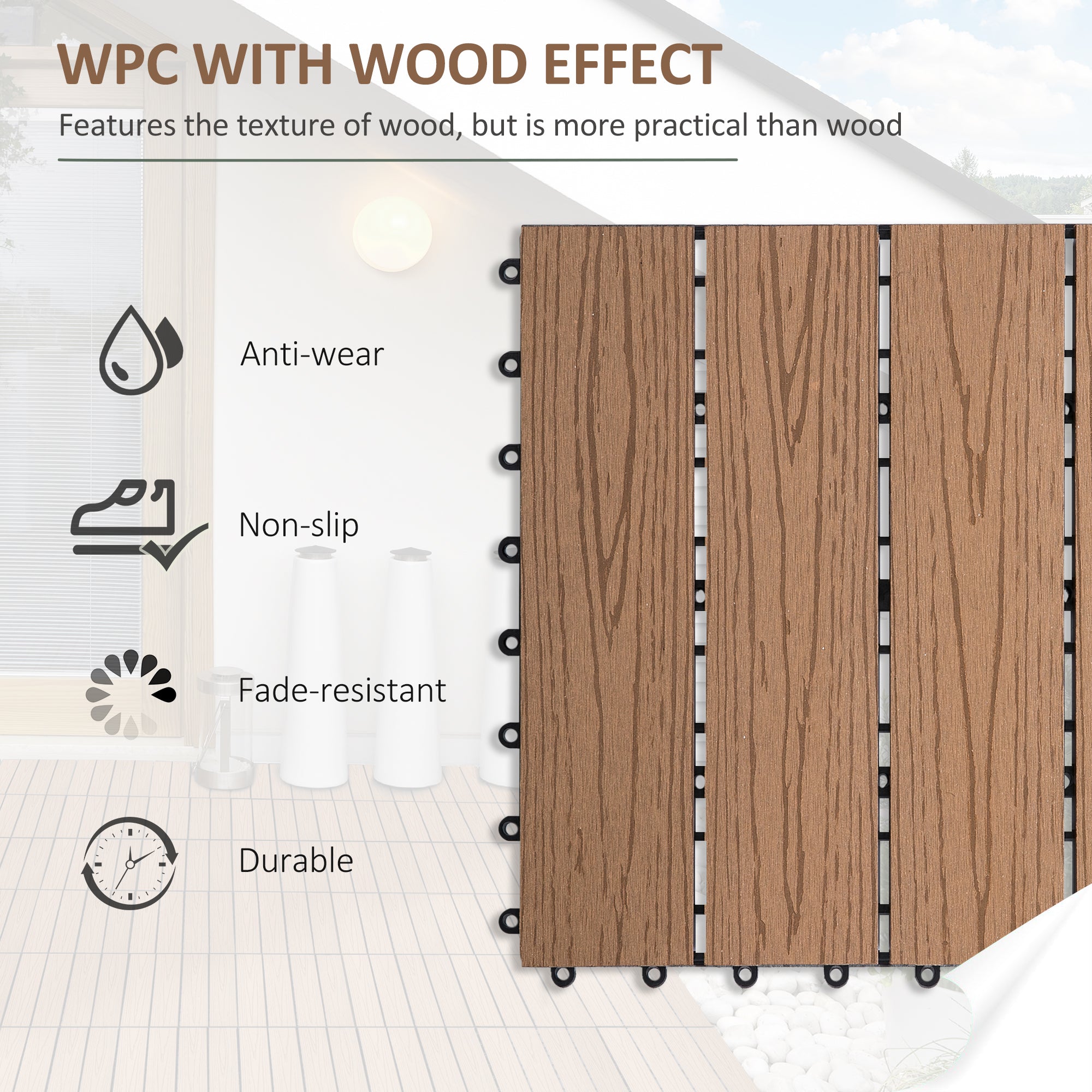 Outsunny Outdoor Deck Tiles 11 Pack HDPE Interlocking Waterproof Non-slip 12 x 12 Inch