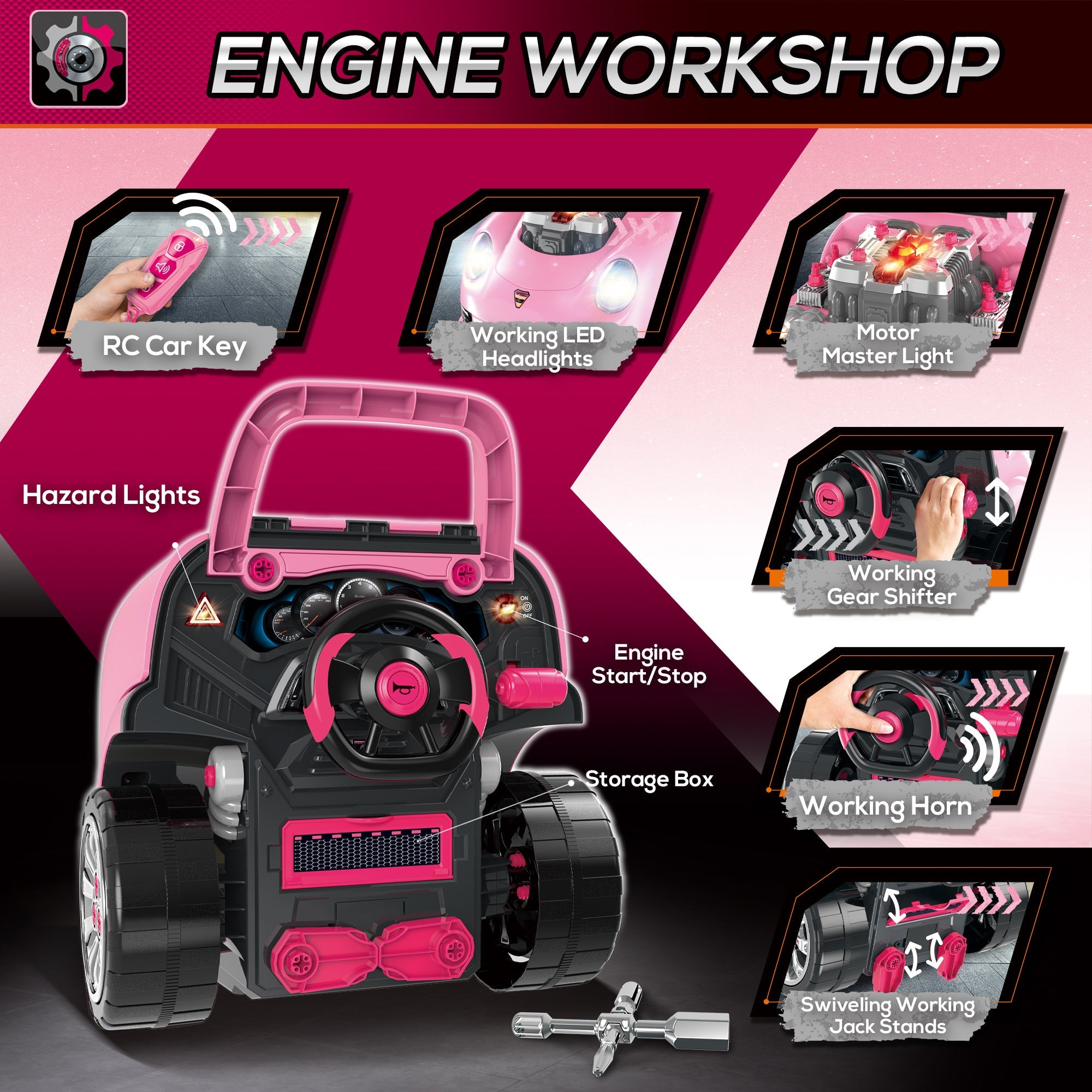 Qaba Kids Mechanic Truck Engine Repair Toy Set Car Service Pink Playset with Tools for Pretend Play