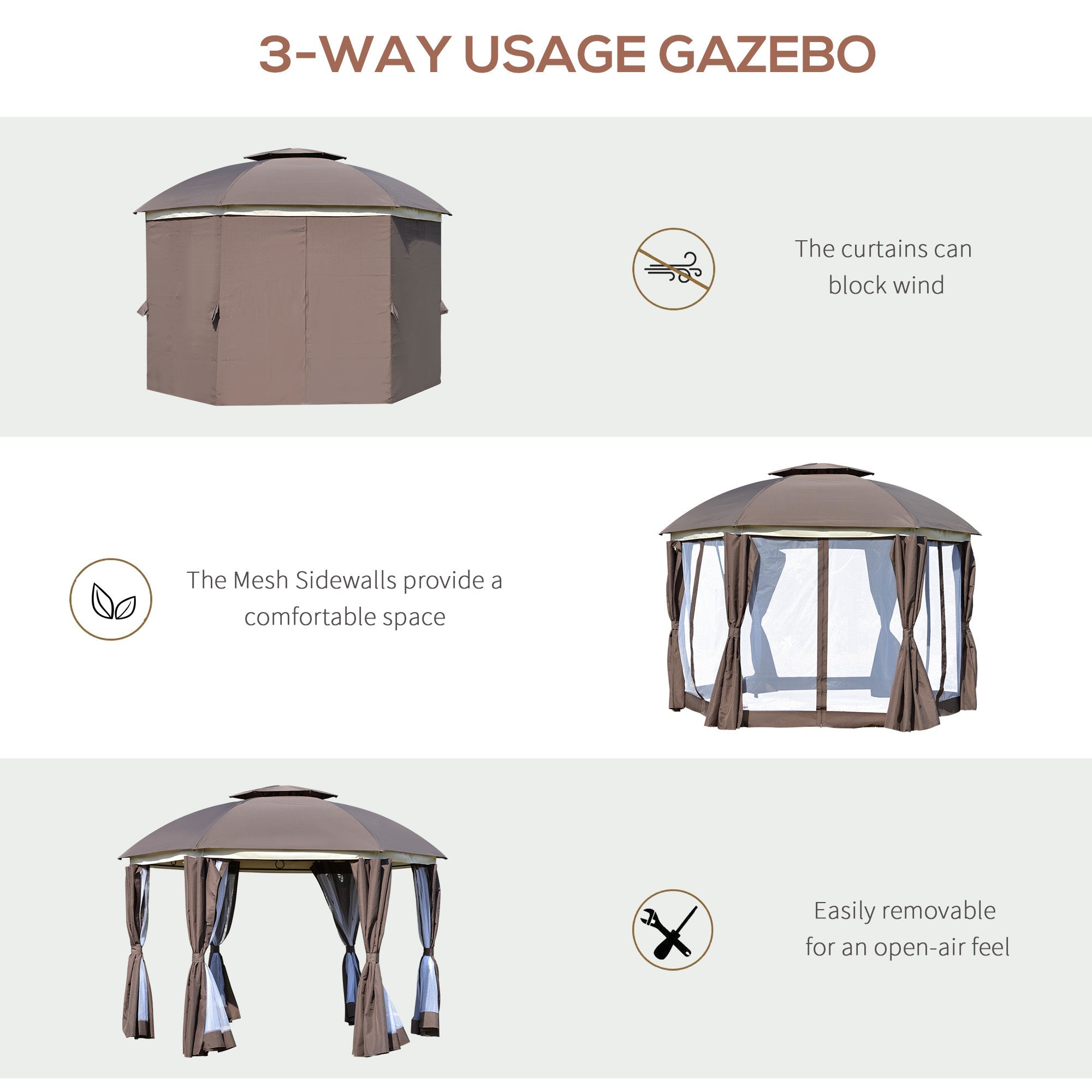 Outsunny 12x12 Outdoor Dome Gazebo Canopy Patio Shelter with Netting Sidewalls, Curtains & Double Vented Roof in Brown