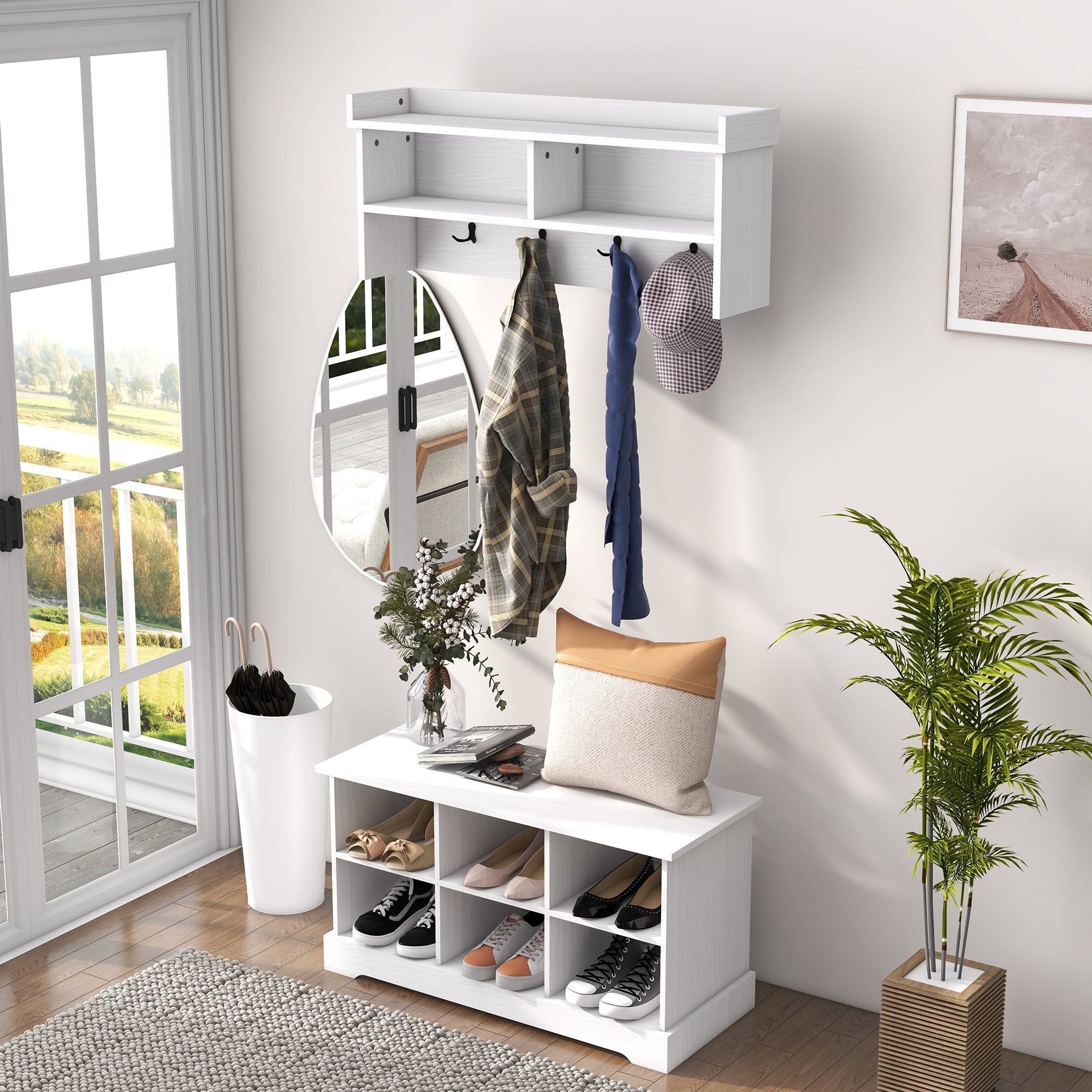 HOMCOM Coat Rack Shoe Bench Set Entryway 8 Cubbies 4 Hooks Hallway Living Room Bedroom White
