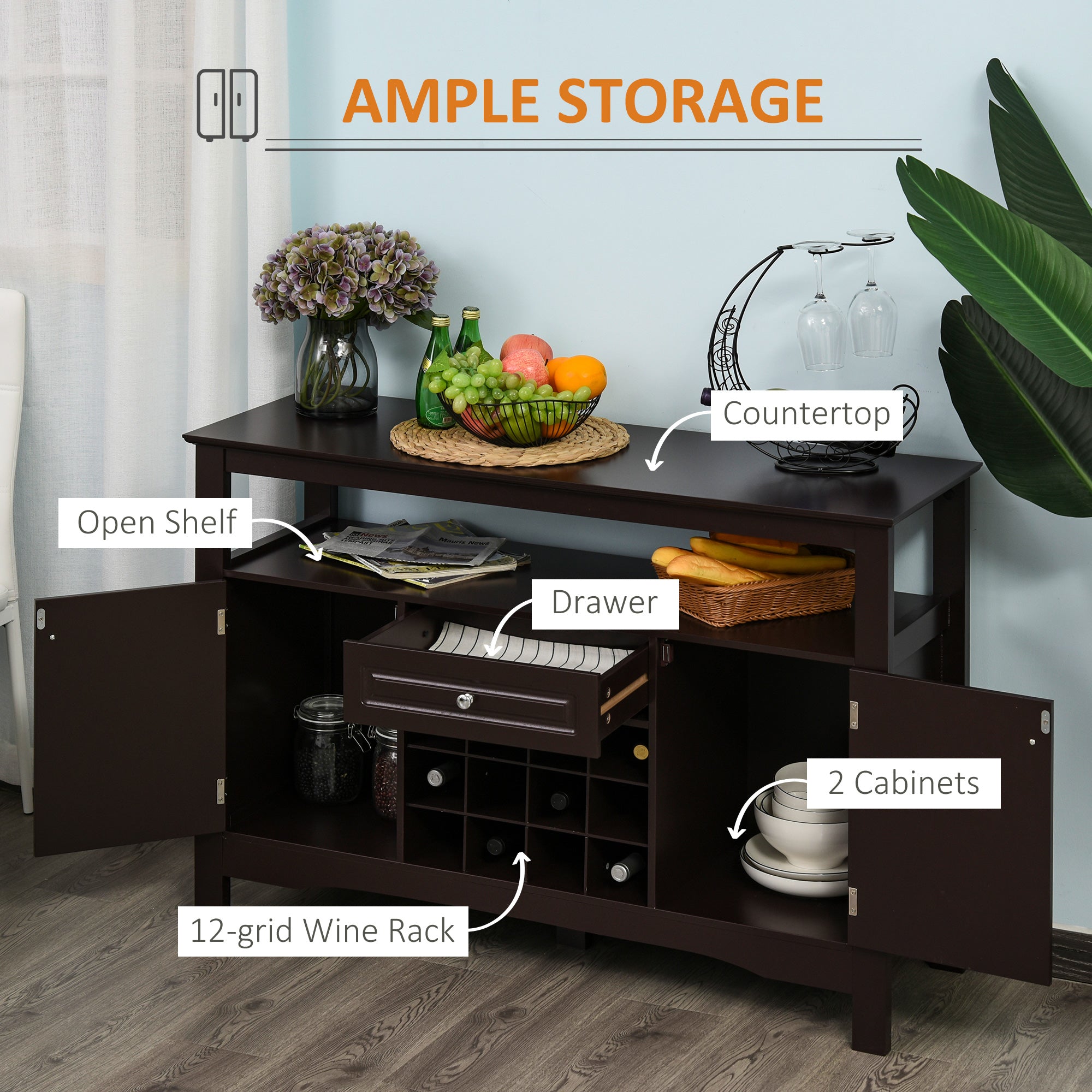 HOMCOM Espresso Buffet Credenza: Sideboard Bar Cabinet Storage Cabinet with Drawer for Kitchen, Living Room, Rich Espresso