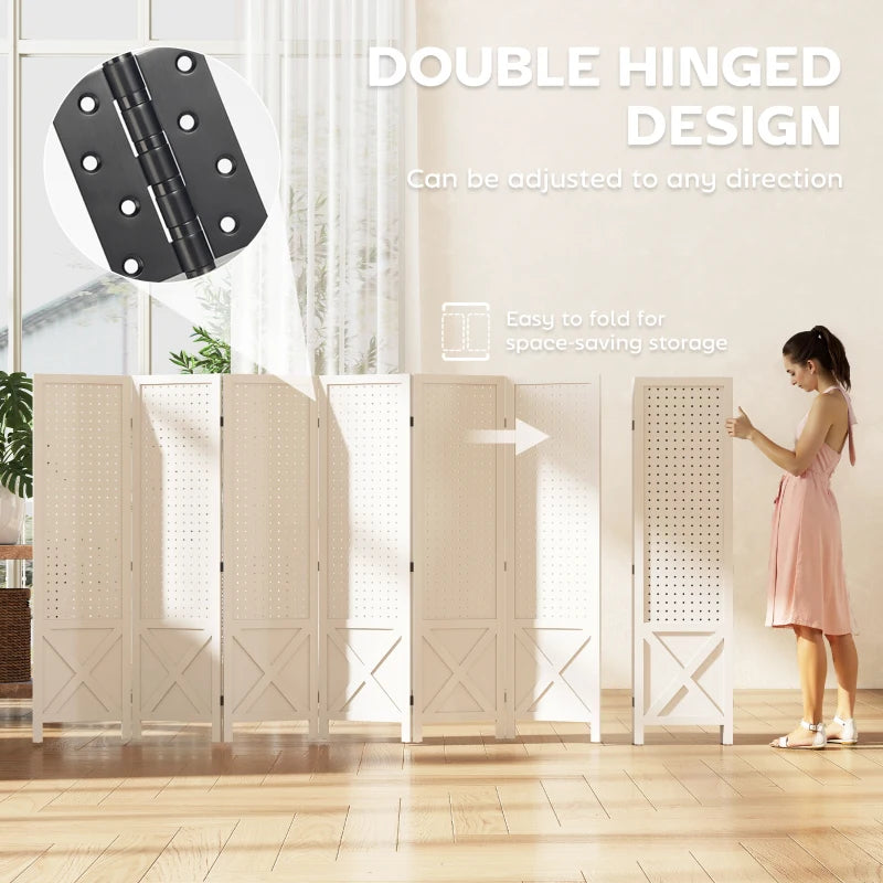 56.9" 6 Panel Wooden Room Divider with Pegboard Display, Folding Privacy Screen for Home Office, White