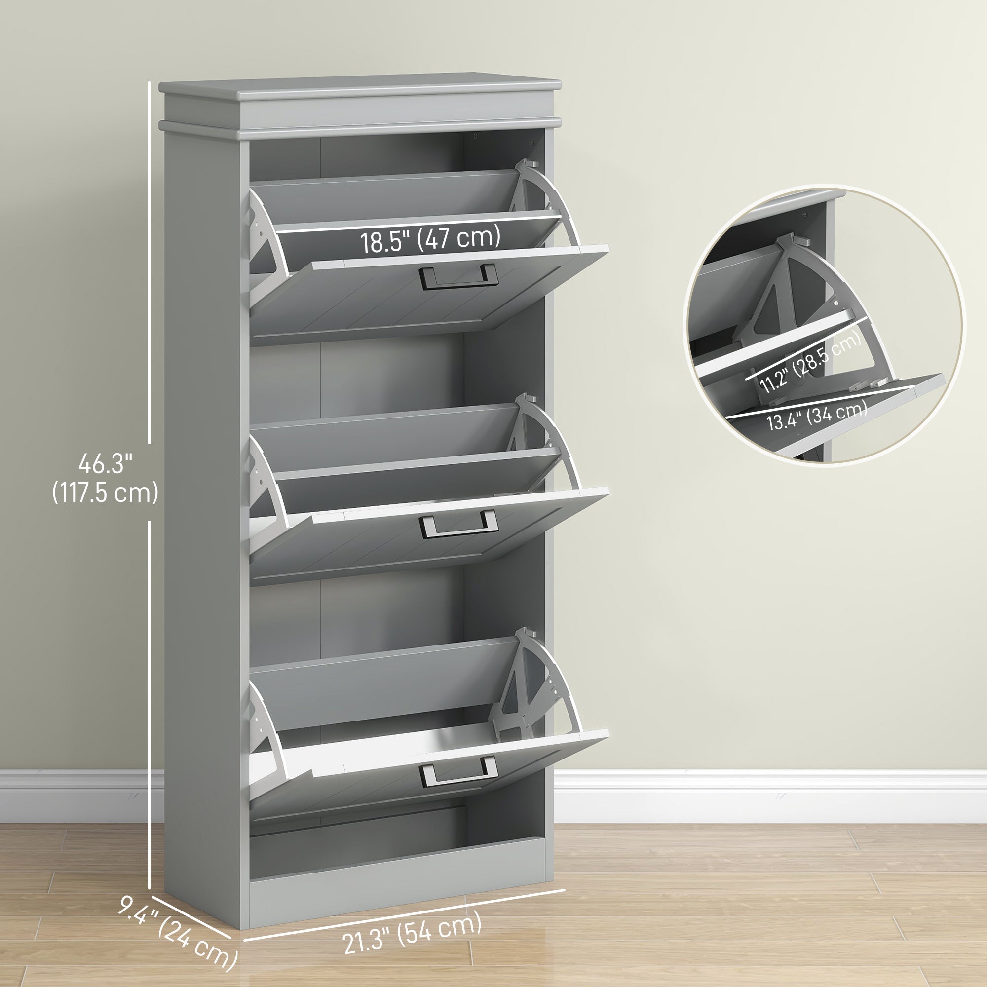 HOMCOM Shoe Storage Cabinet with 3 Flip Drawers and Adjustable Shelves, Narrow Shoe Cabinet for 15 Pairs of Shoes, Grey