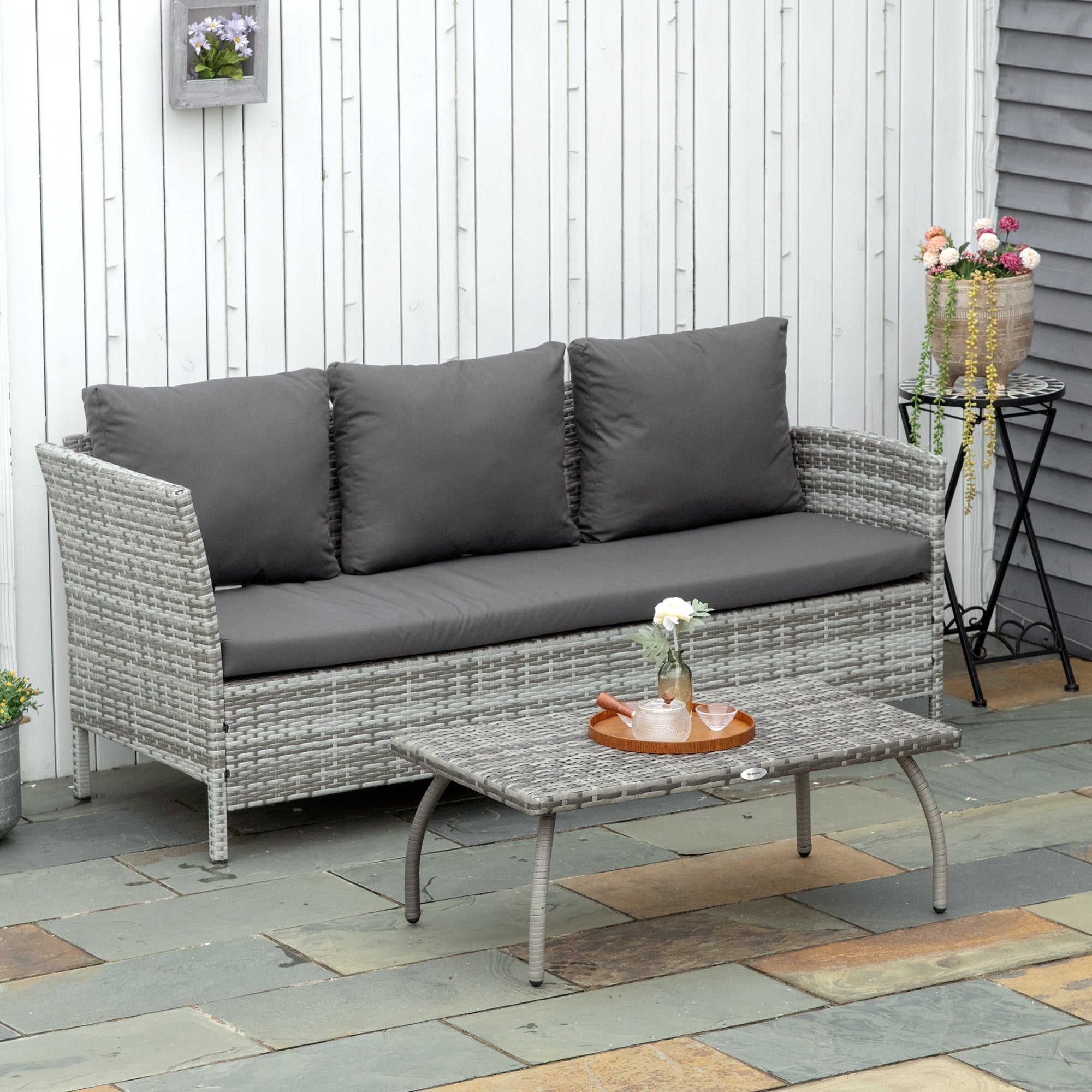 Outsunny 35" Rattan Coffee Table Outdoor Side Table Patio Wicker Furniture, Small Rectangular with All-Weather PE for Garden, Balcony, Backyard, Poolside, Grey