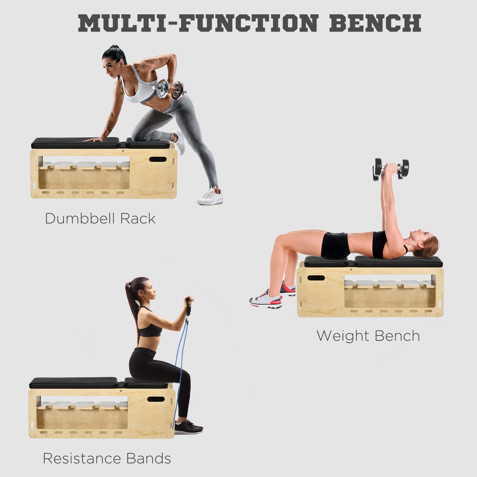 Soozier Wooden Workout Bench Adjustable Incline Dumbbell Rack Resistance Bands Home Gym