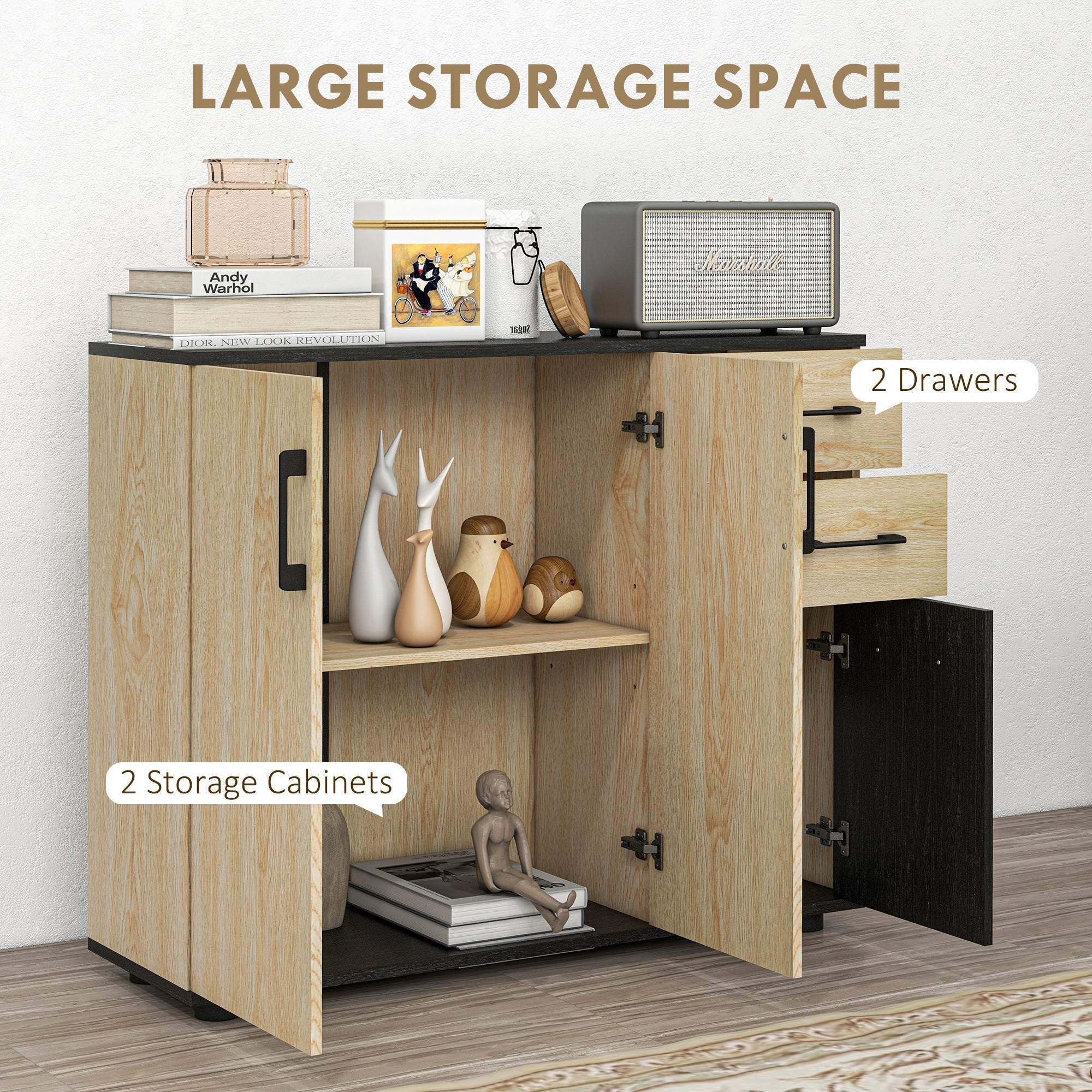 HOMCOM Contemporary Chic Storage: Freestanding Sideboard Cabinet, 3 Doors, 2 Drawers, Adjustable Shelf, Walnut Black Finish