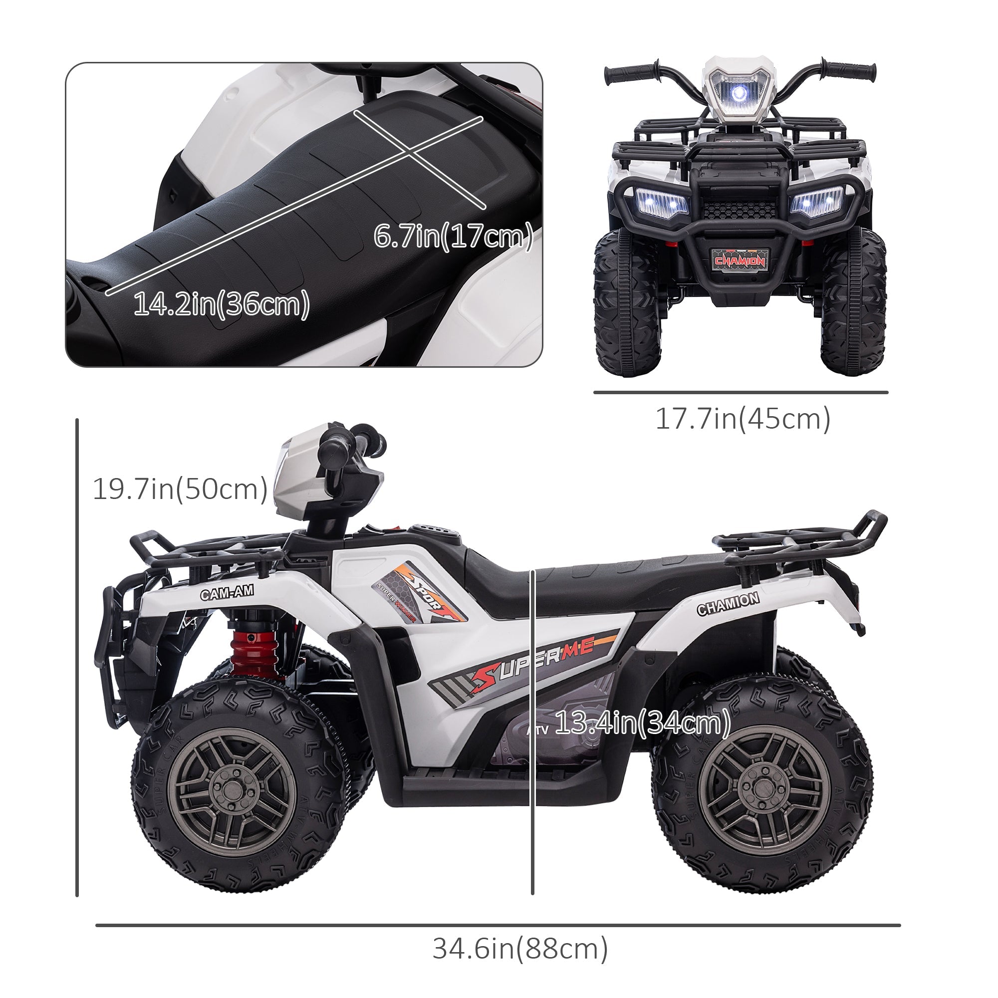 Aosom Kids ATV: 12V, 4 Wheeler Quad, Battery Powered, Music, LED Lights, Treaded Tires, 3-5 Years, White