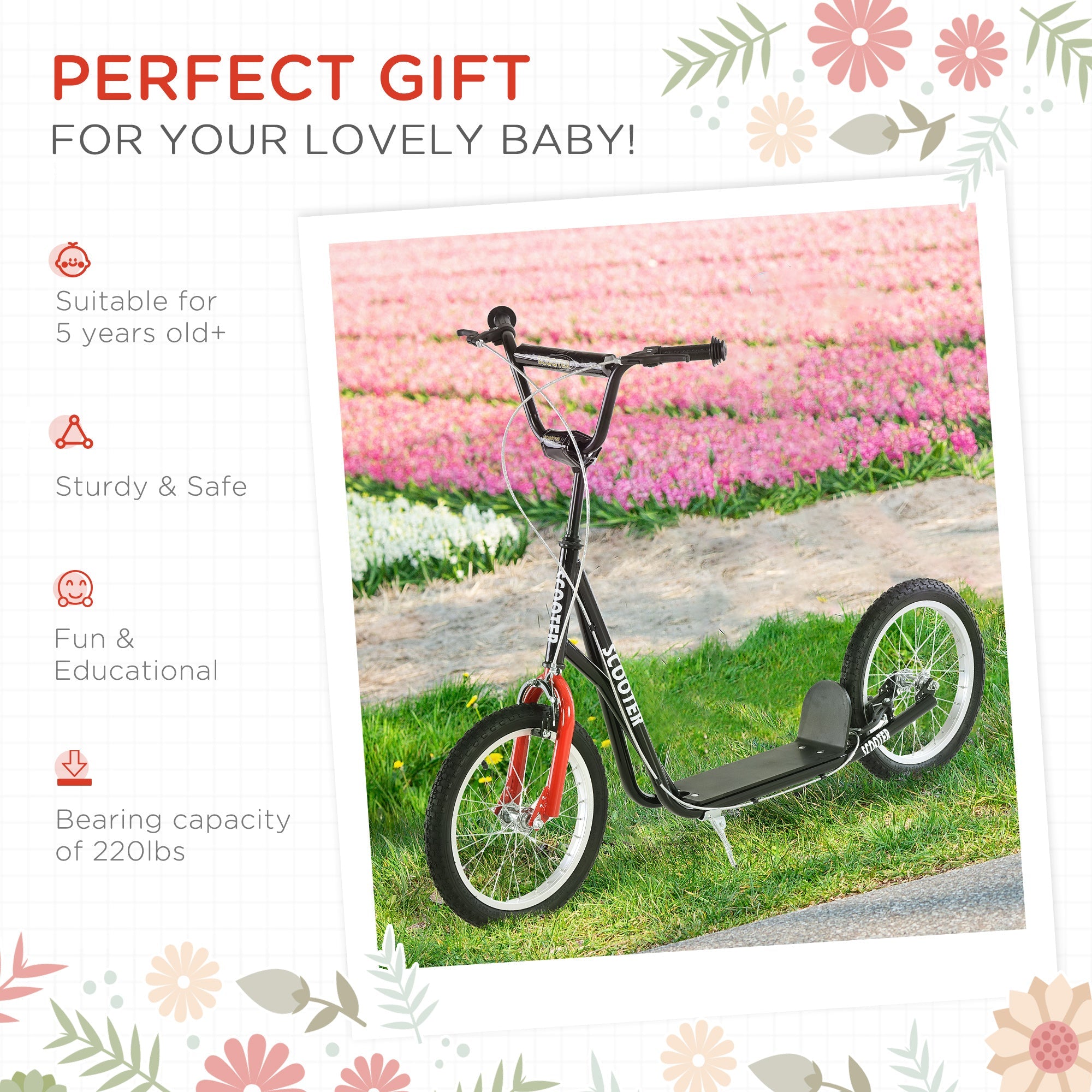 Aosom Canada Youth Street Kick Scooter for Teens Kids 5+ Years Old with 16'' Inflatable Wheel Dual Brakes Black