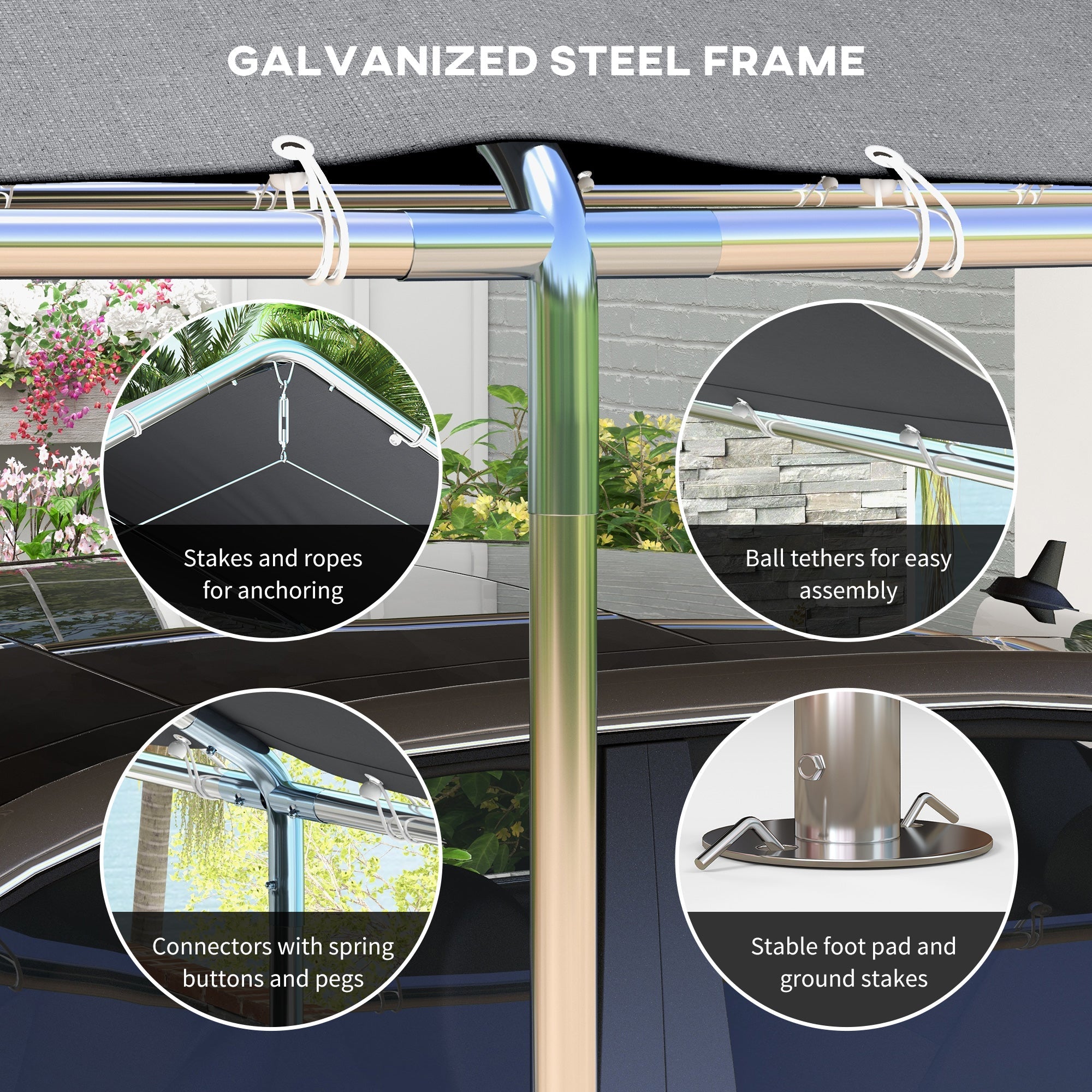 Outsunny Carport 10'x20' Heavy Duty Galvanized Steel Canopy Anchor Kit Grey