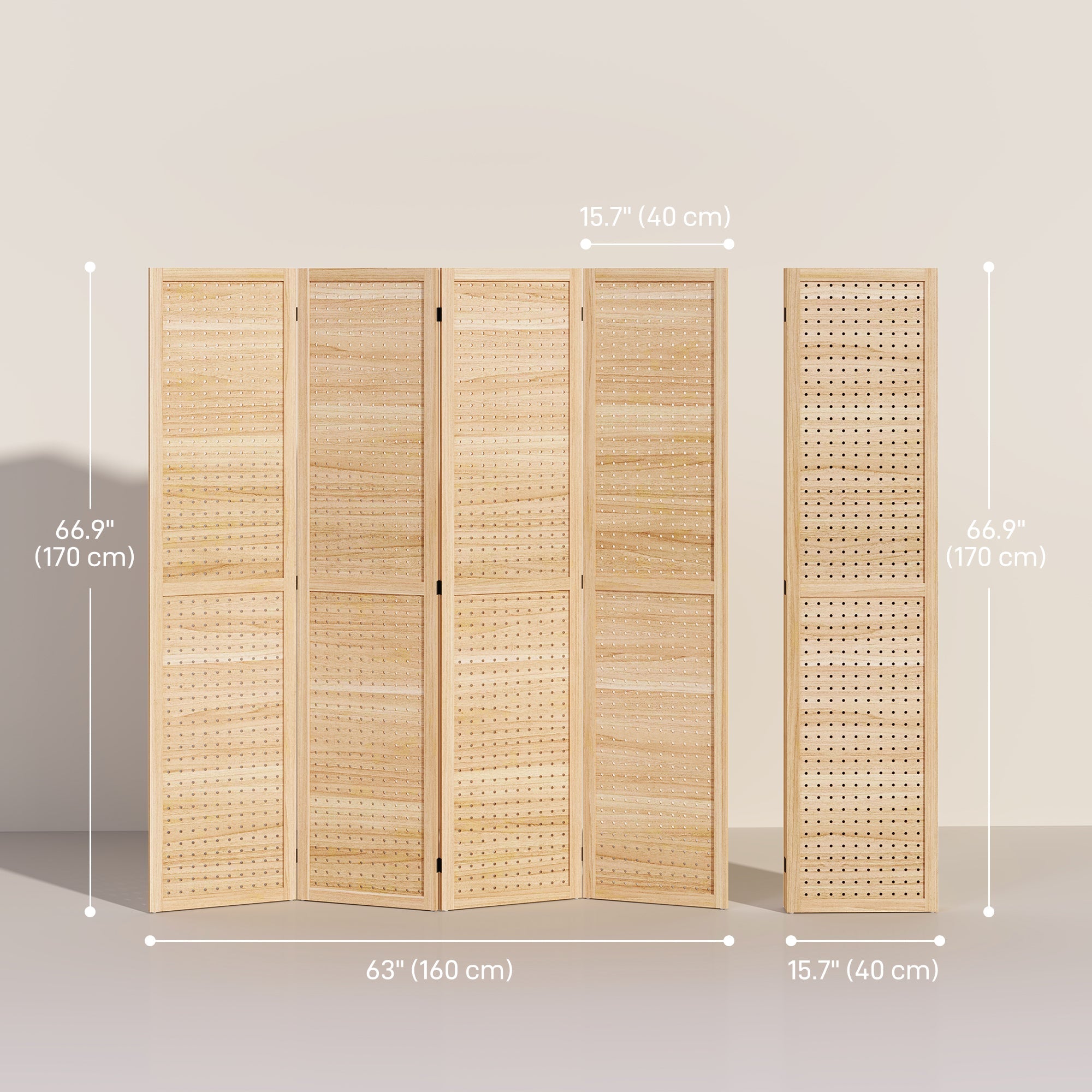 HOMCOM 4-Panel Room Divider: 5.6ft Tall Indoor Wood Portable Folding Privacy Screens with Hole Hooks, Natural