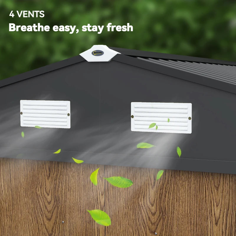 9.1'x6.4'x6.3' Garden Storage Shed, Outdoor Storage Tool House with Vents, Foundation and Lockable Double Doors, Teak