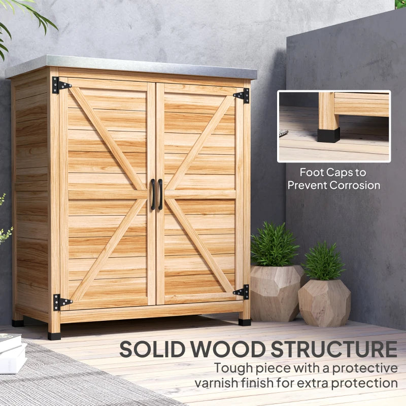 Garden Storage Cabinet, Outdoor Potting Bench Table with Metal Tabletop, Shelf and Double Doors, Natural