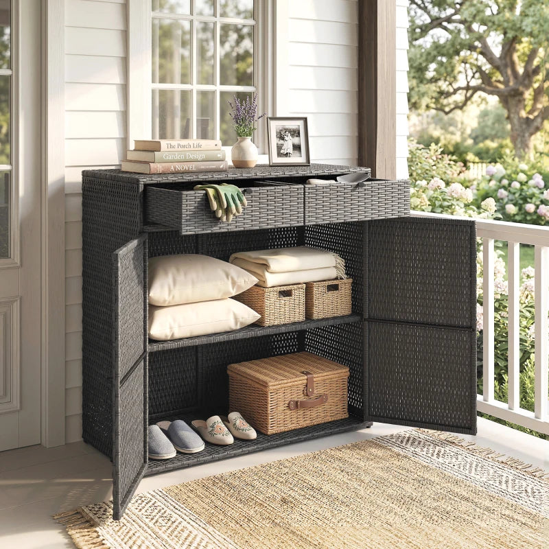 Wicker Outdoor Storage Cabinet with 2 Doors and Drawers, 2-Tier Shelf Rattan Patio Storage Cabinet, Dark Grey