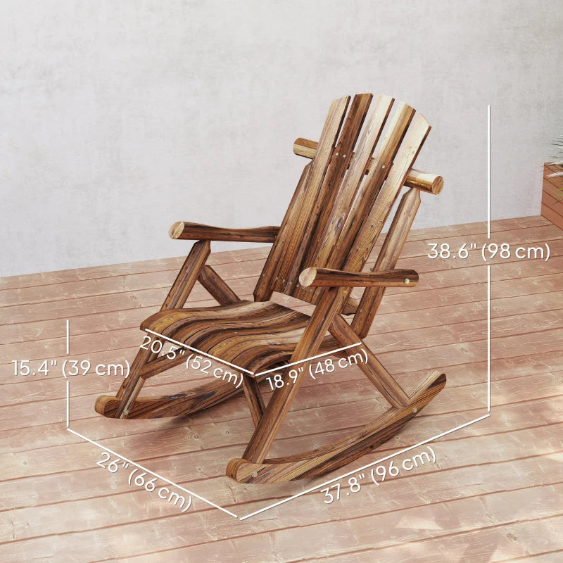 Wooden Outdoor Rocking Chair, Oversized Adirondack Patio Rocker with High Back and Slatted Seat, Carbonized
