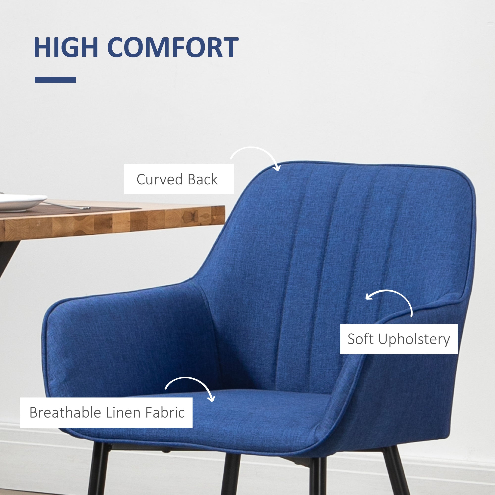 HOMCOM Dining Chairs Set of 2 Upholstered Linen Fabric Accent Chair Metal Legs Comfortable Seating Dark Blue