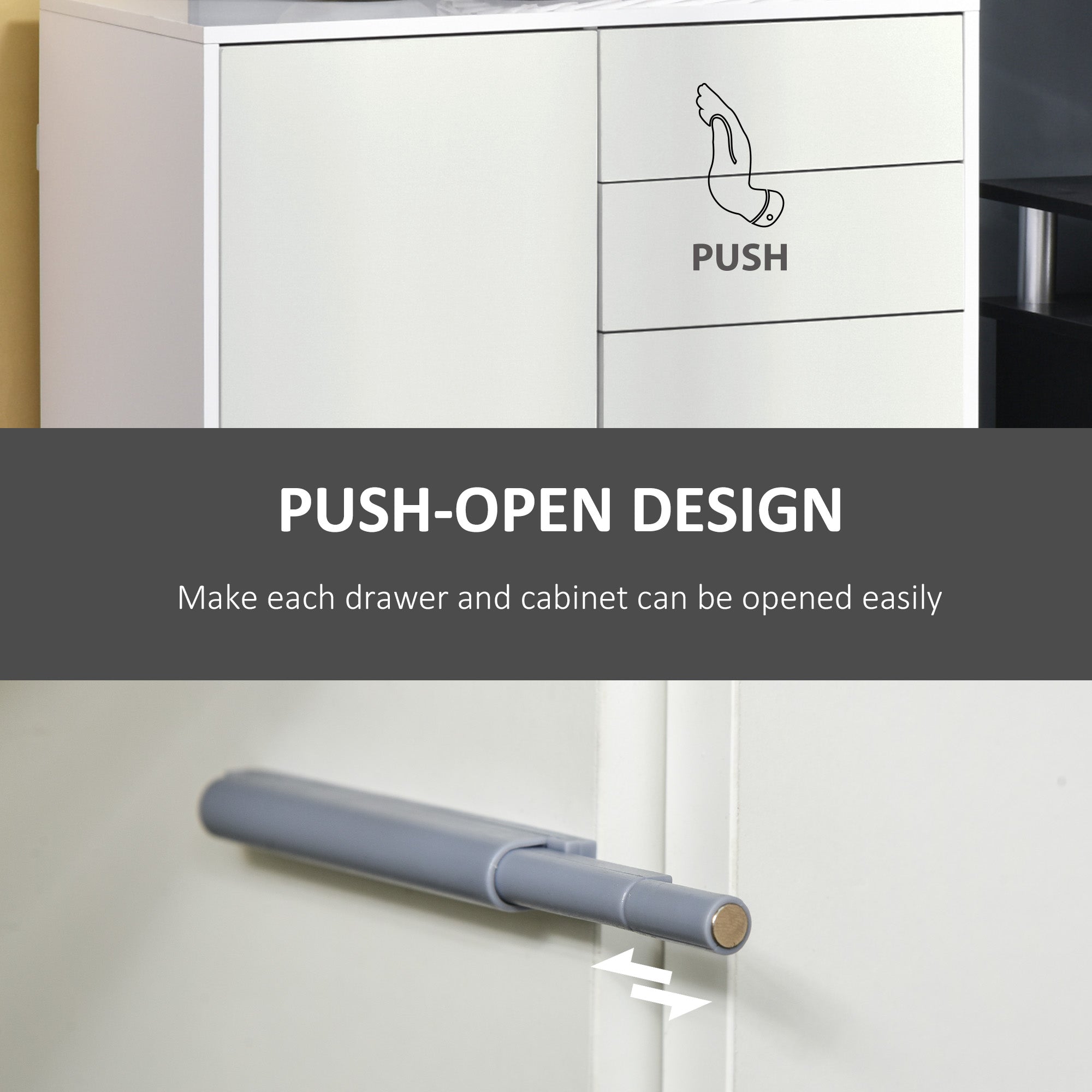 HOMCOM Buffet Sideboard High Gloss Kitchen Storage Cabinet Cupboard with Drawer Shelf Push Open Design White for Dining Room