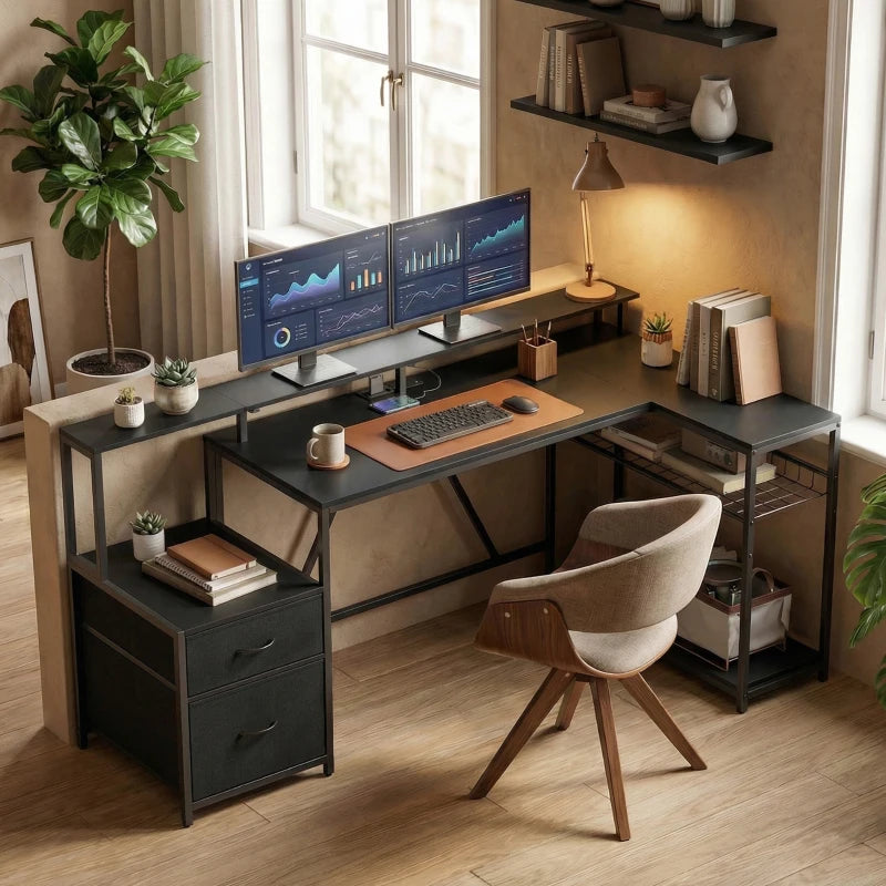 76" Gaming Desk, Reversible Computer Table with RGB Lights, USB Ports, Monitor Stand and 2 Fabric Drawers, Black