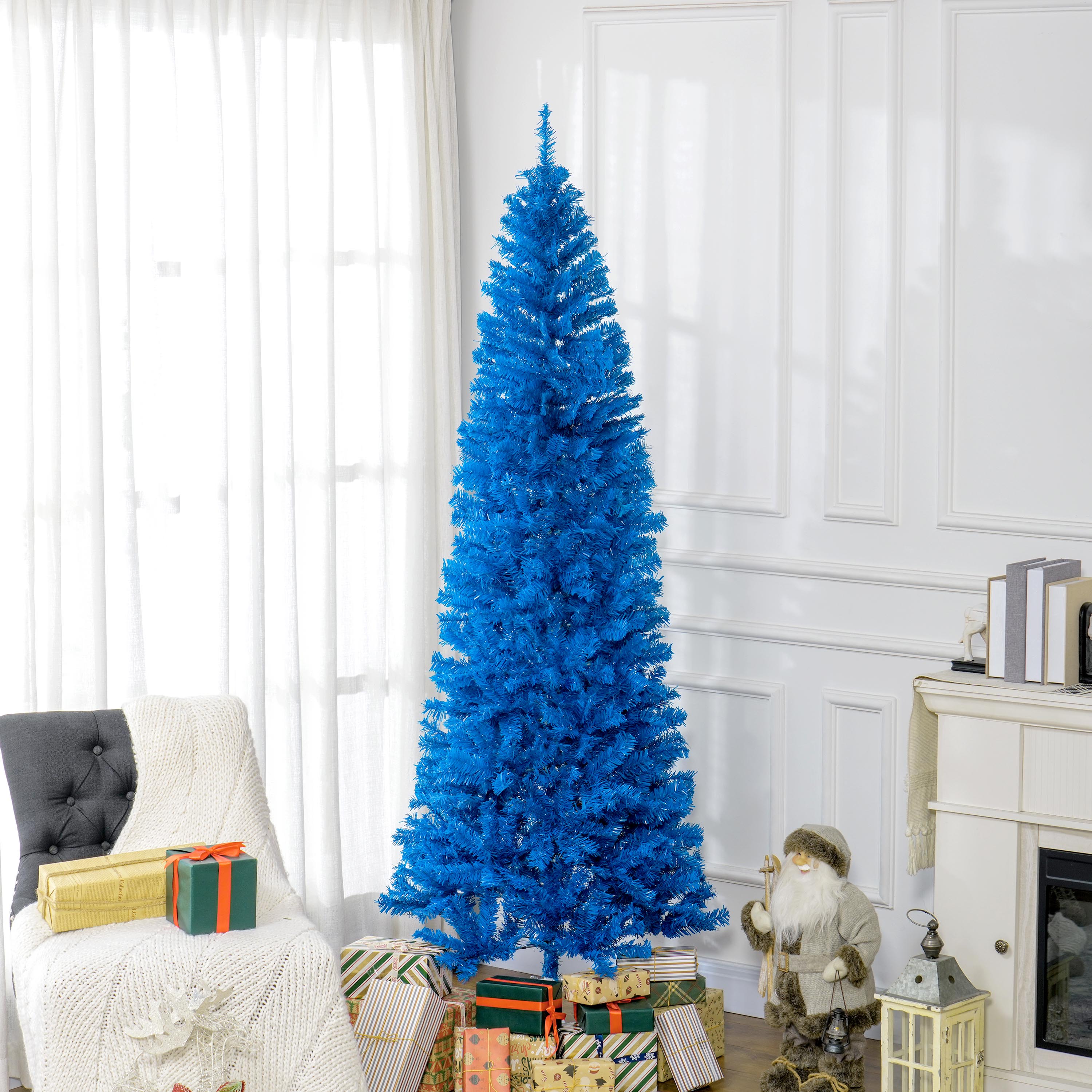 HOMCOM 7FT Pencil Christmas Tree, Artificial Christmas Tree with Automatic Open for Home Party, Blue