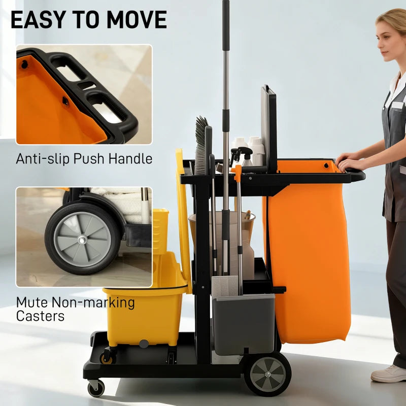 Commercial Janitorial Cart with 3 Tier Shelves, Cleaning Cart with Rubbish Bag and Mop Mount for Hotel Restaurant, Grey