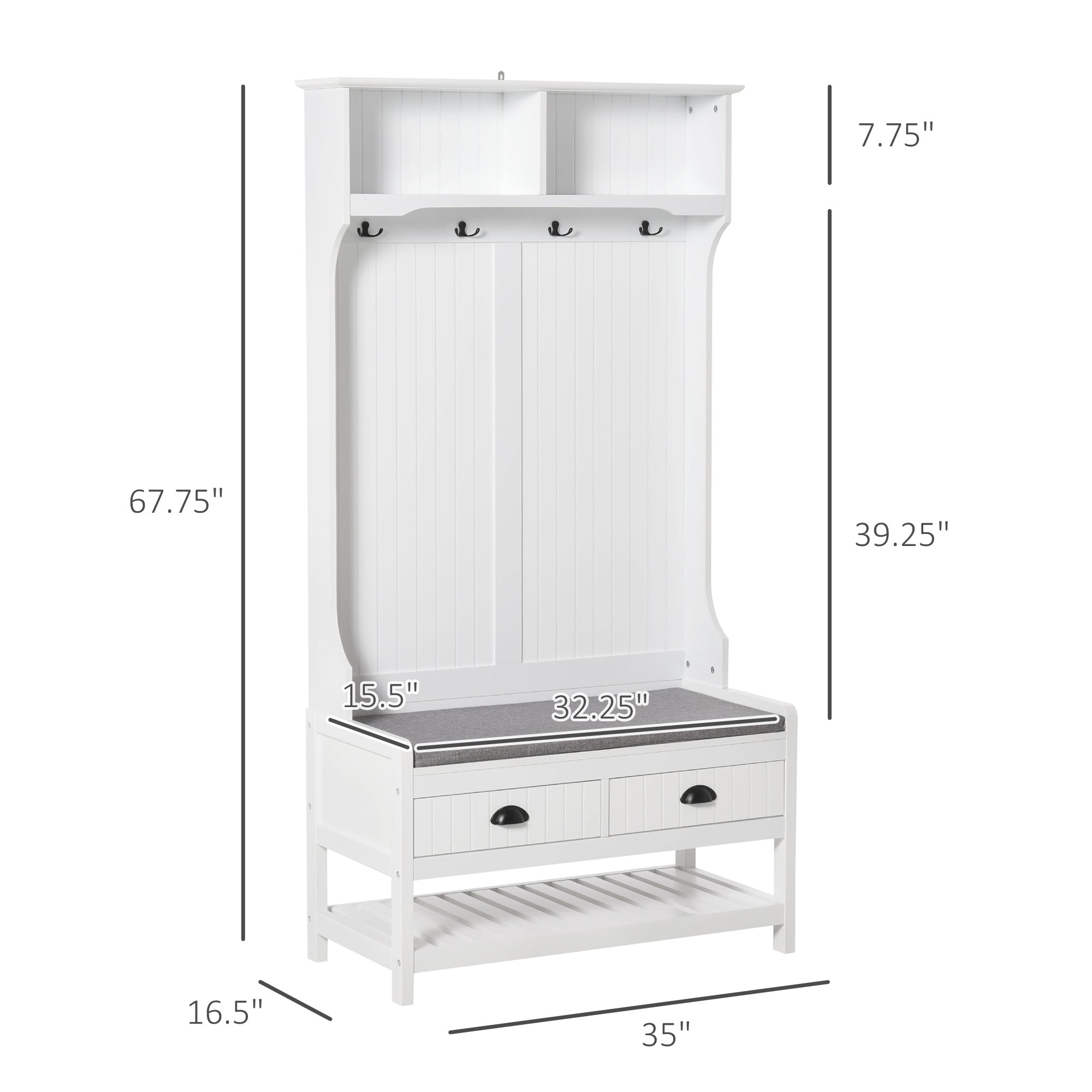 HOMCOM Hall Tree Bench: Entryway Bench with Coat Rack, Hooks, Drawer & Padded Seat, White