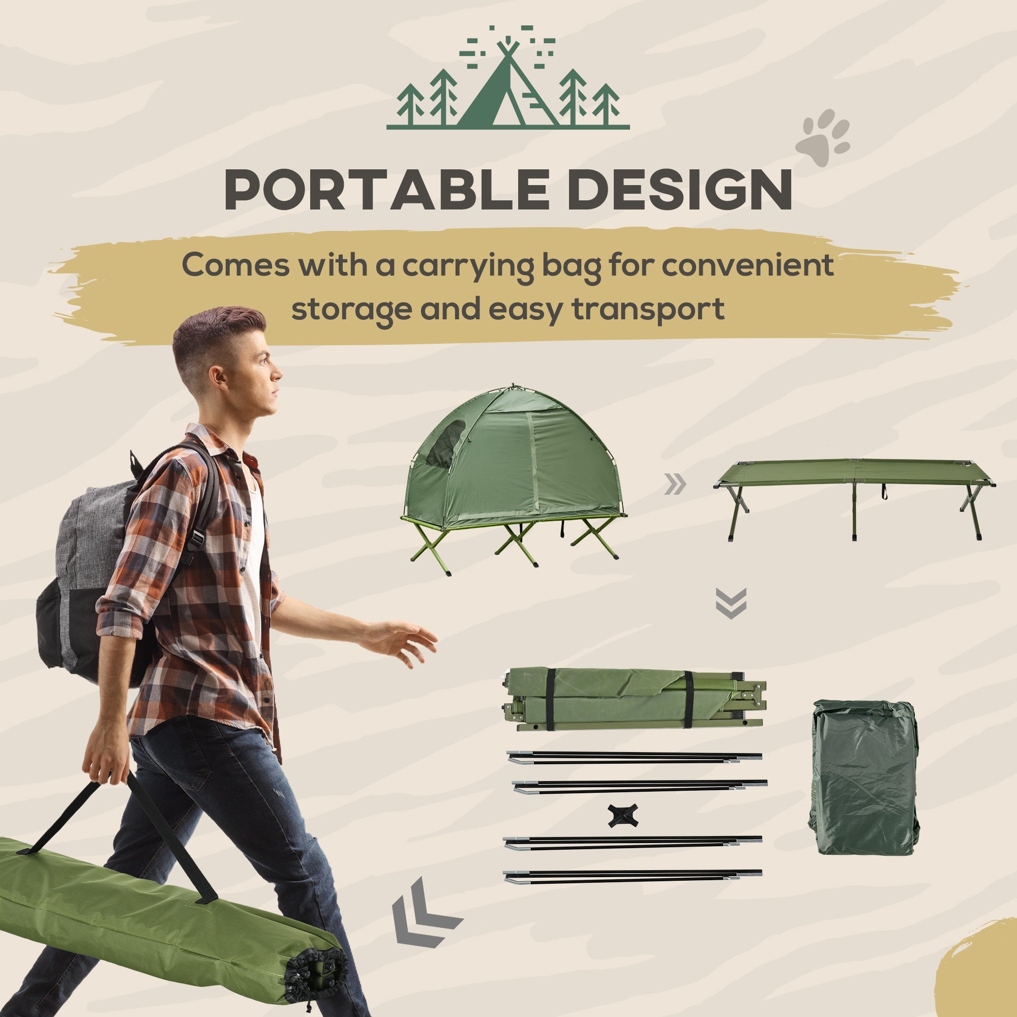 Outsunny Pop Up Camping Cot Tent Combo Set Portable Folding Outdoor Elevated Bed Dark Green
