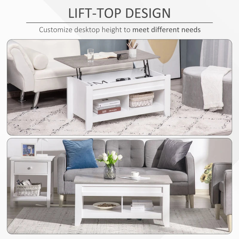 Lift Top Coffee Table with Hidden Storage Compartment and Open Shelves, Lift Tabletop Pop-Up Center Table for Living Room, White