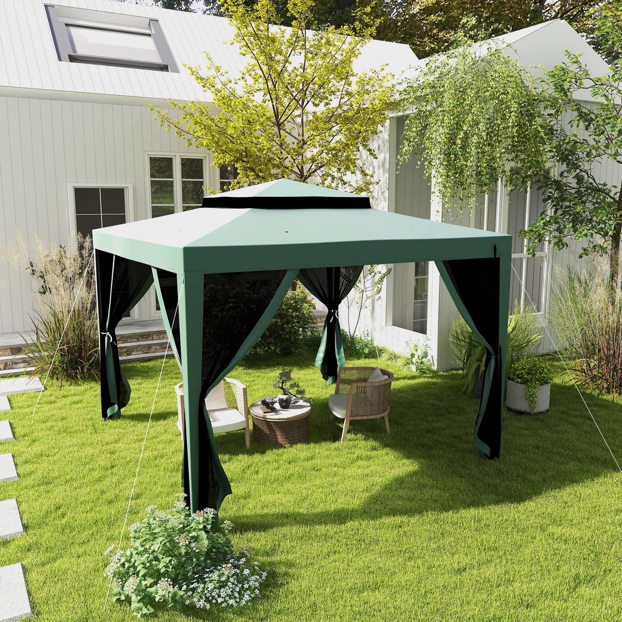 Outsunny 10' x 10' Outdoor Canopy Tent Party Tent with Mesh Netting and Double Tier Roof for Backyard, Garden, Patio, Green