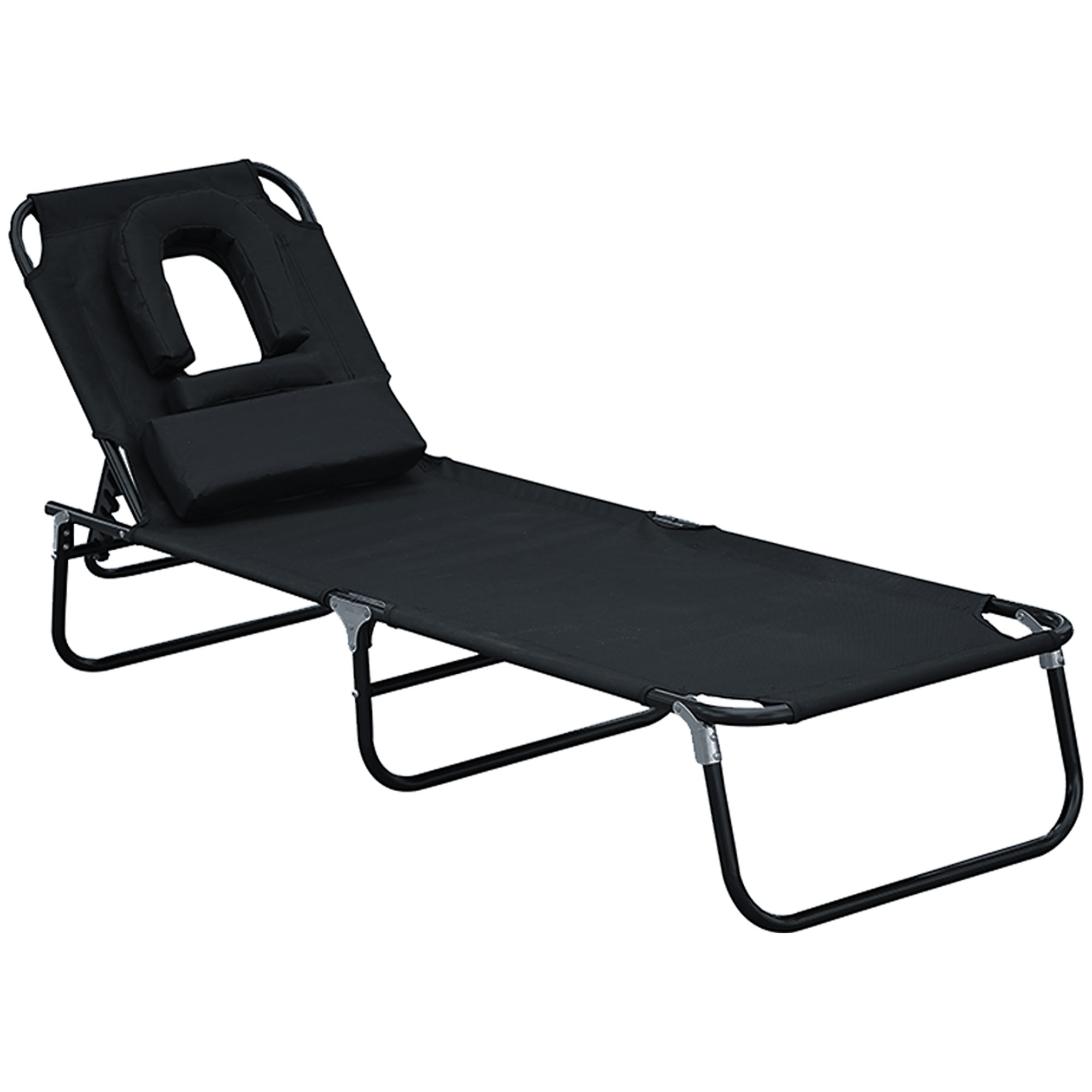 Outsunny Sunbathing Sanctuary: Sun Lounger with Reading Hole, Adjustable Garden Outdoor Reclining Chair, Folding Camping Bed, Black