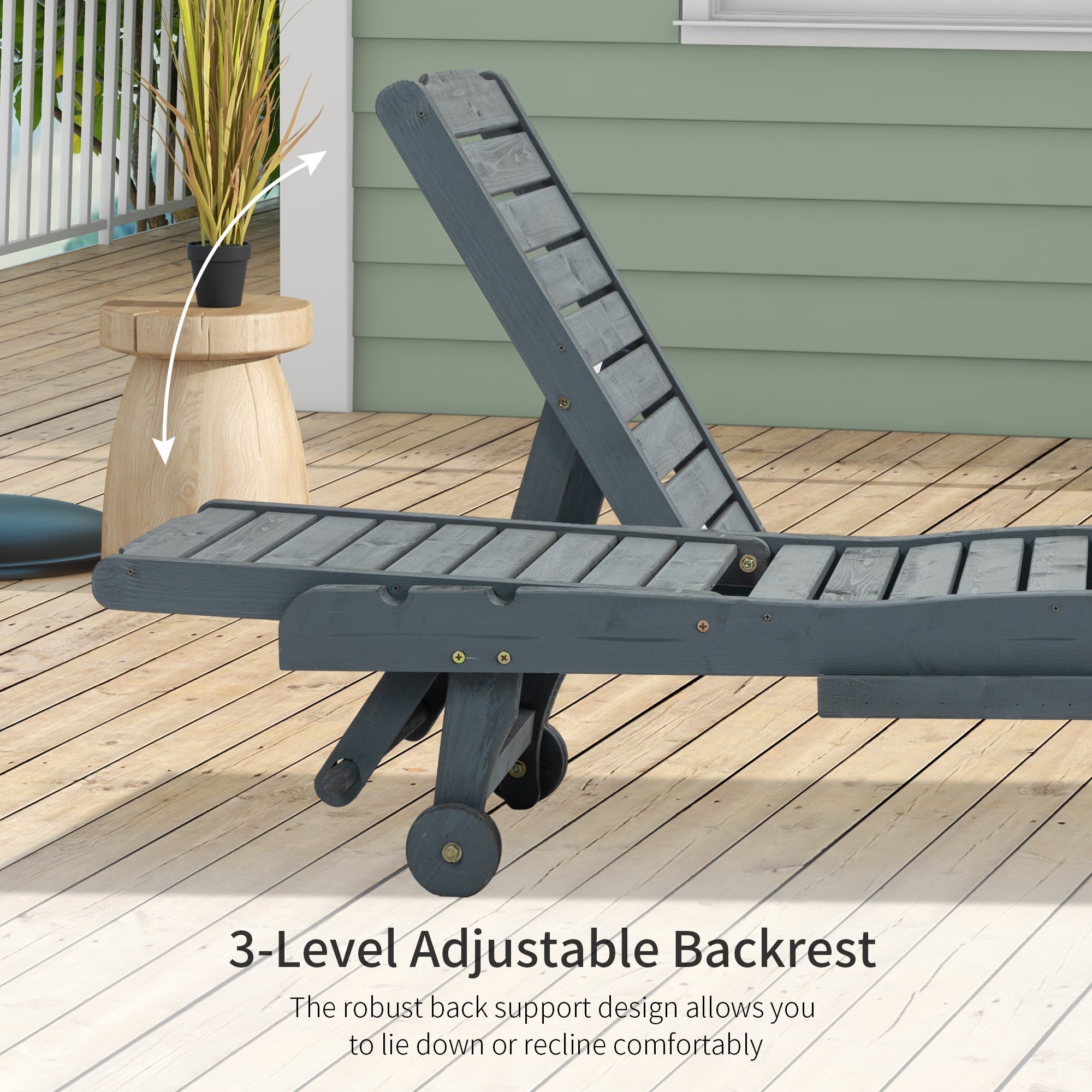 Outsunny Outdoor Patio Adjustable Chaise Lounge Chair Recliner with Pull-out Tray and 2 Wheels