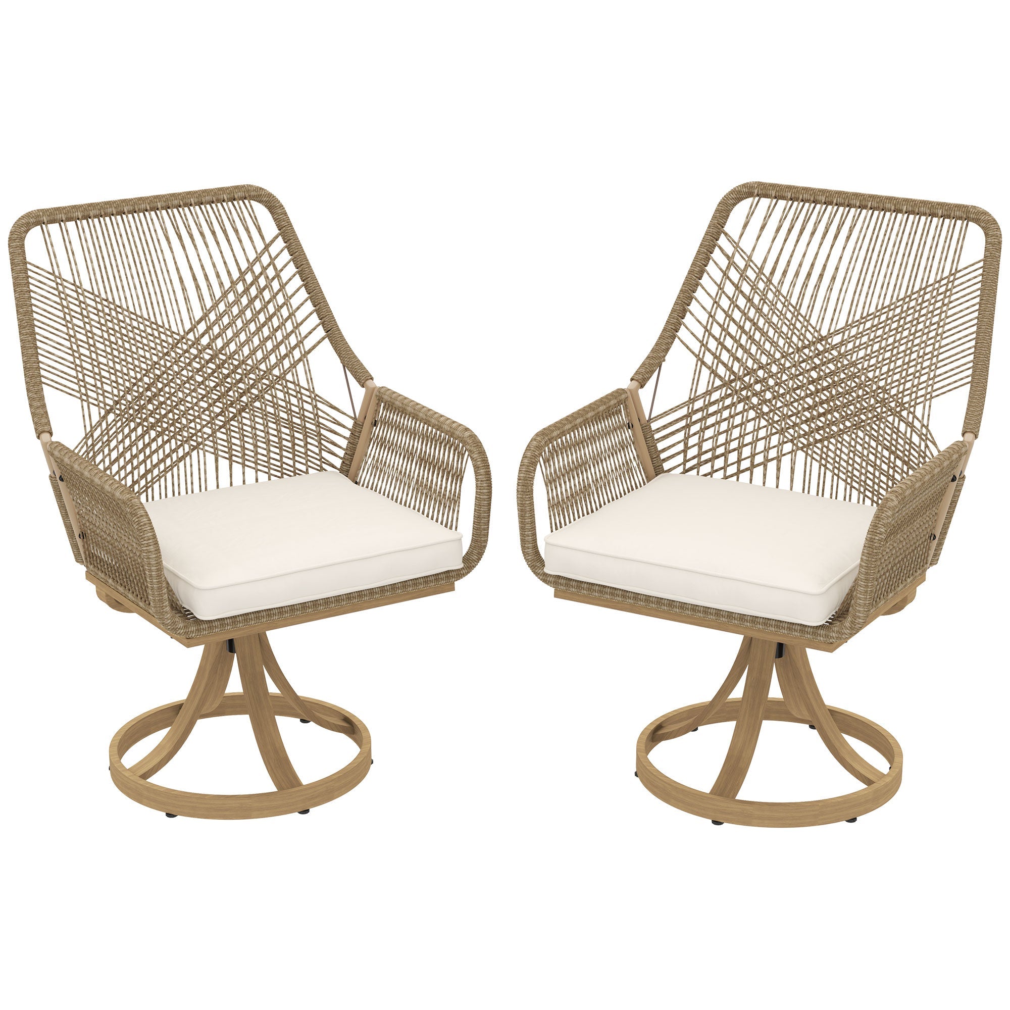 Outsunny Outdoor Swivel Dining Chairs Set of 2, Patio Rattan Chairs with Soft Cushions for Garden, Backyard, Poolside, Khaki