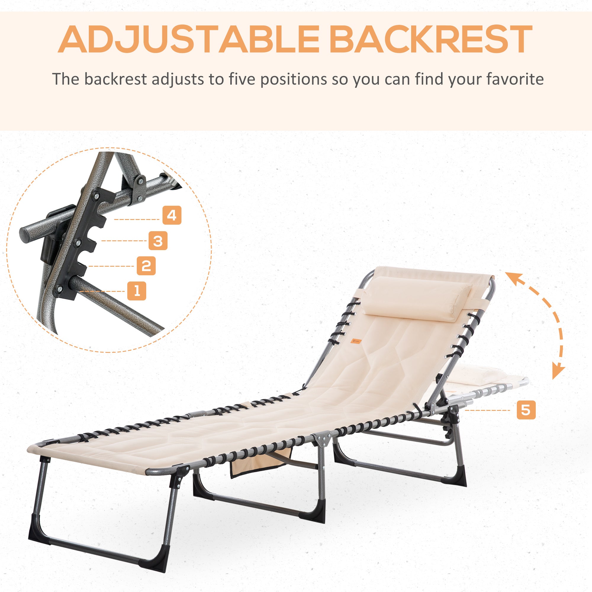 Outsunny Outdoor Folding Chaise Lounge Chair Padded Recliner 5-Position Adjustable Backrest Beige